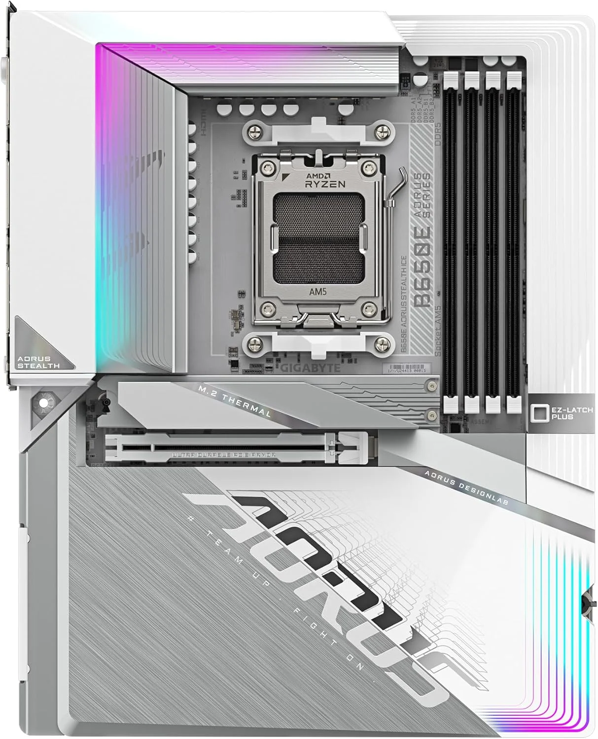 مادربرد GIGABYTE B650E AORUS STEALTH ICE - پشتیبانی از پردازنده های AMD Ryzen 9000 - دارای VRM با 12+2+2 فاز - پشتیبانی از DDR5 تا 8000 مگاهرتز (OC) - دارای 1xPCIe 5.0 M2 + 3xPCIe 4.0 M.2 - Wi-Fi 7 - LAN 2.5GbE - USB 3.2 Gen 2x2