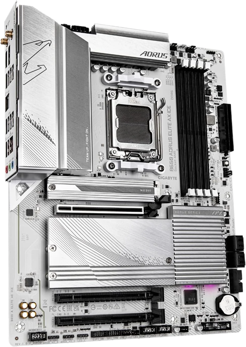 مادربرد GIGABYTE B650 AORUS Elite AX ICE (AM5/ LGA 1718/ AMD/ B650/ ATX/ 5 سال گارانتی/ DDR5/ Triple M.2/ PCIe 5.0/ USB 3.2 Gen2X2 Type-C/WiFi 6E/ 2.5GbE LAN/ سفید برفی/ EZ-Latch)