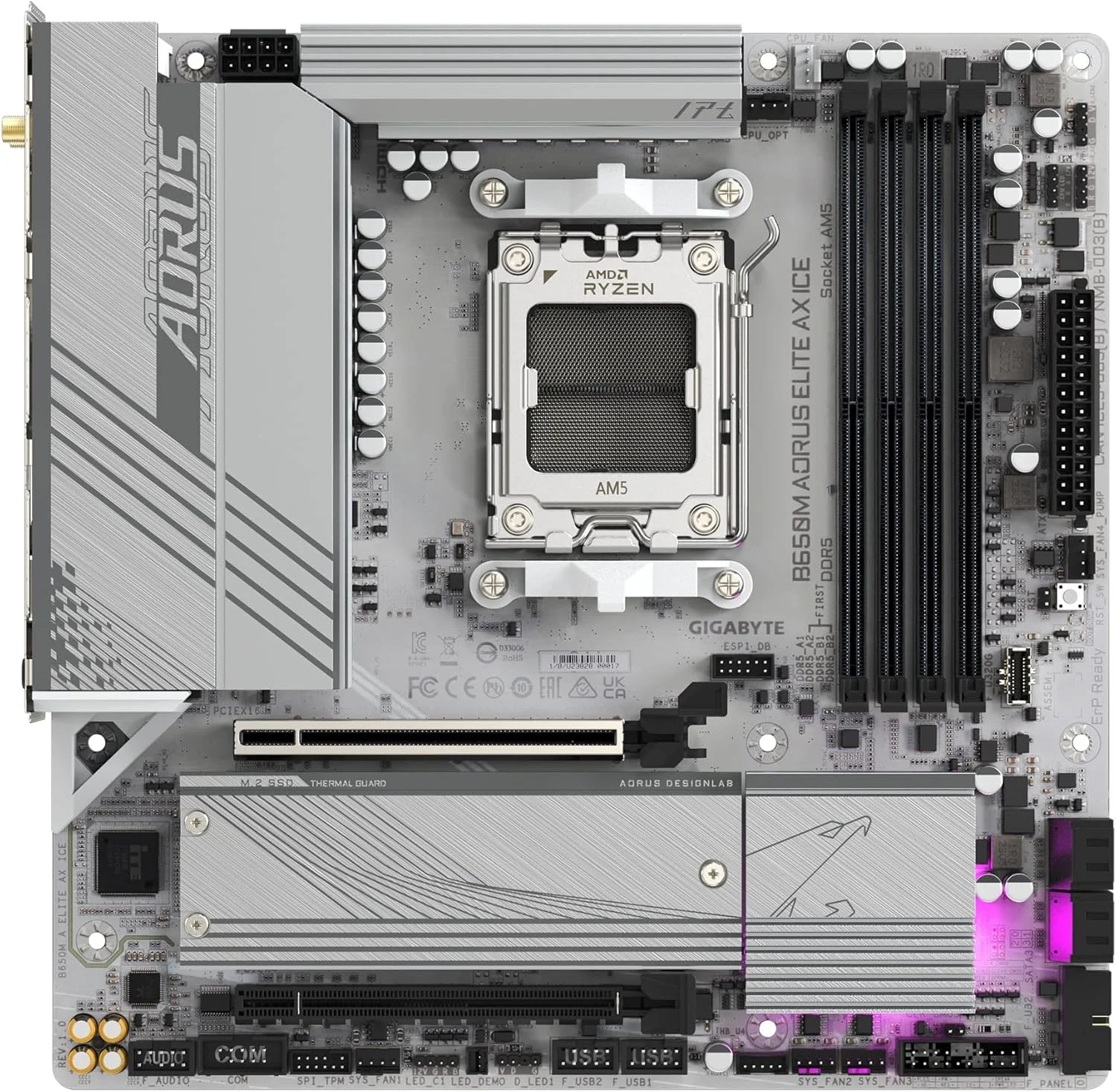 مادربرد GIGABYTE B650M AORUS ELITE AX ICE AM5 LGA 1718 AMD B650 M-ATX با 5 سال گارانتی، DDR5، 2* M.2، PCIe 5.0، USB 3.2 Gen2X2 Type-C، 2.5GbE LAN، Q-Flash Plus، EZ-Latch
