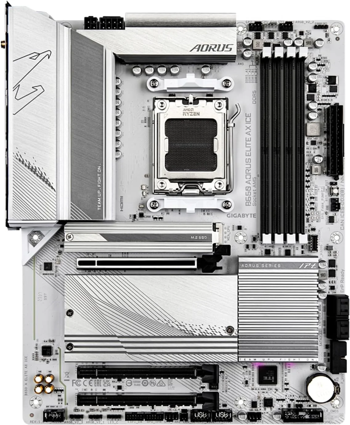 مادربرد GIGABYTE B650 AORUS Elite AX ICE (AM5/ LGA 1718/ AMD/ B650/ ATX/ 5 سال گارانتی/ DDR5/ Triple M.2/ PCIe 5.0/ USB 3.2 Gen2X2 Type-C/WiFi 6E/ 2.5GbE LAN/ سفید برفی/ EZ-Latch)