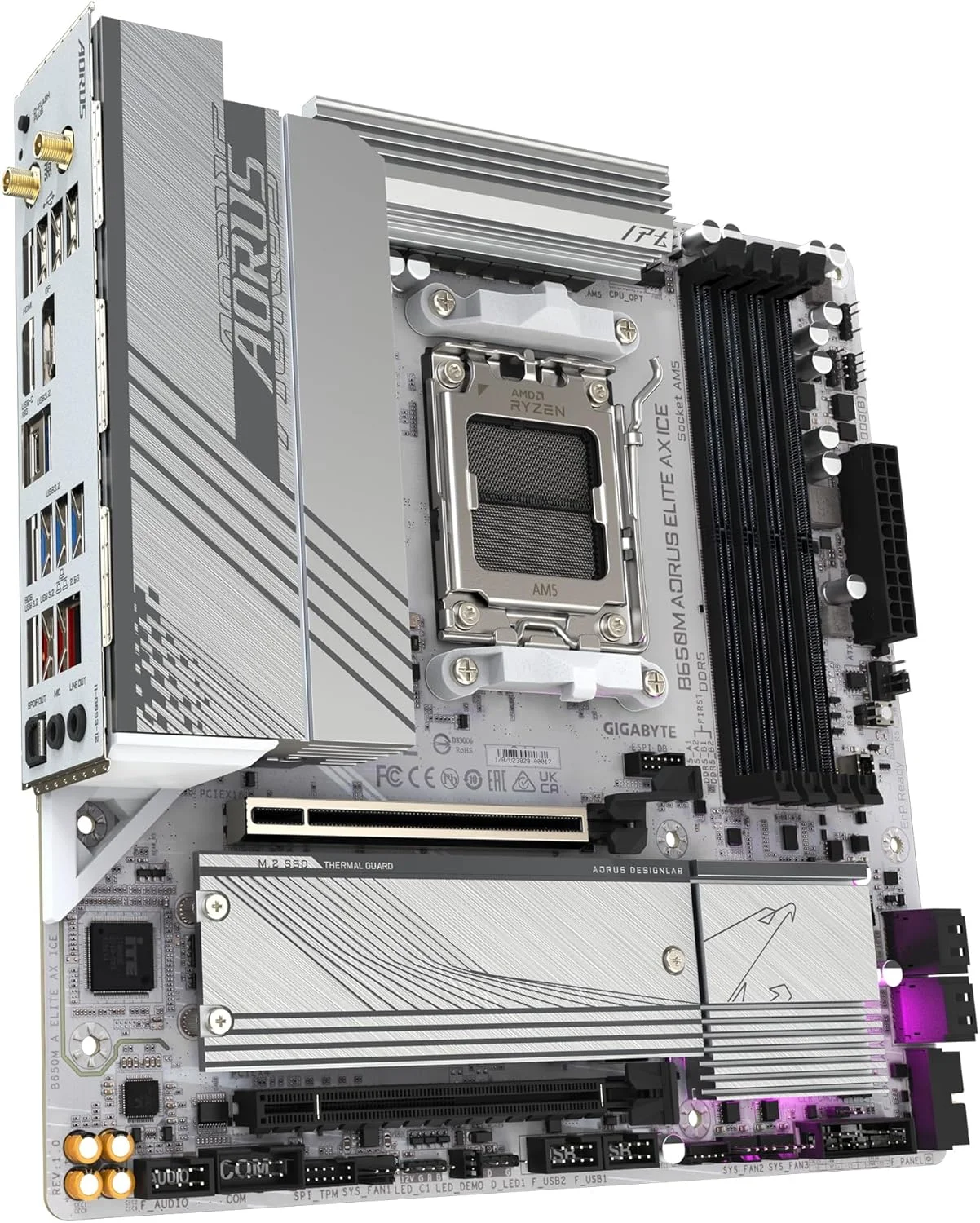 مادربرد GIGABYTE B650M AORUS ELITE AX ICE AM5 LGA 1718 AMD B650 M-ATX با 5 سال گارانتی، DDR5، 2* M.2، PCIe 5.0، USB 3.2 Gen2X2 Type-C، 2.5GbE LAN، Q-Flash Plus، EZ-Latch
