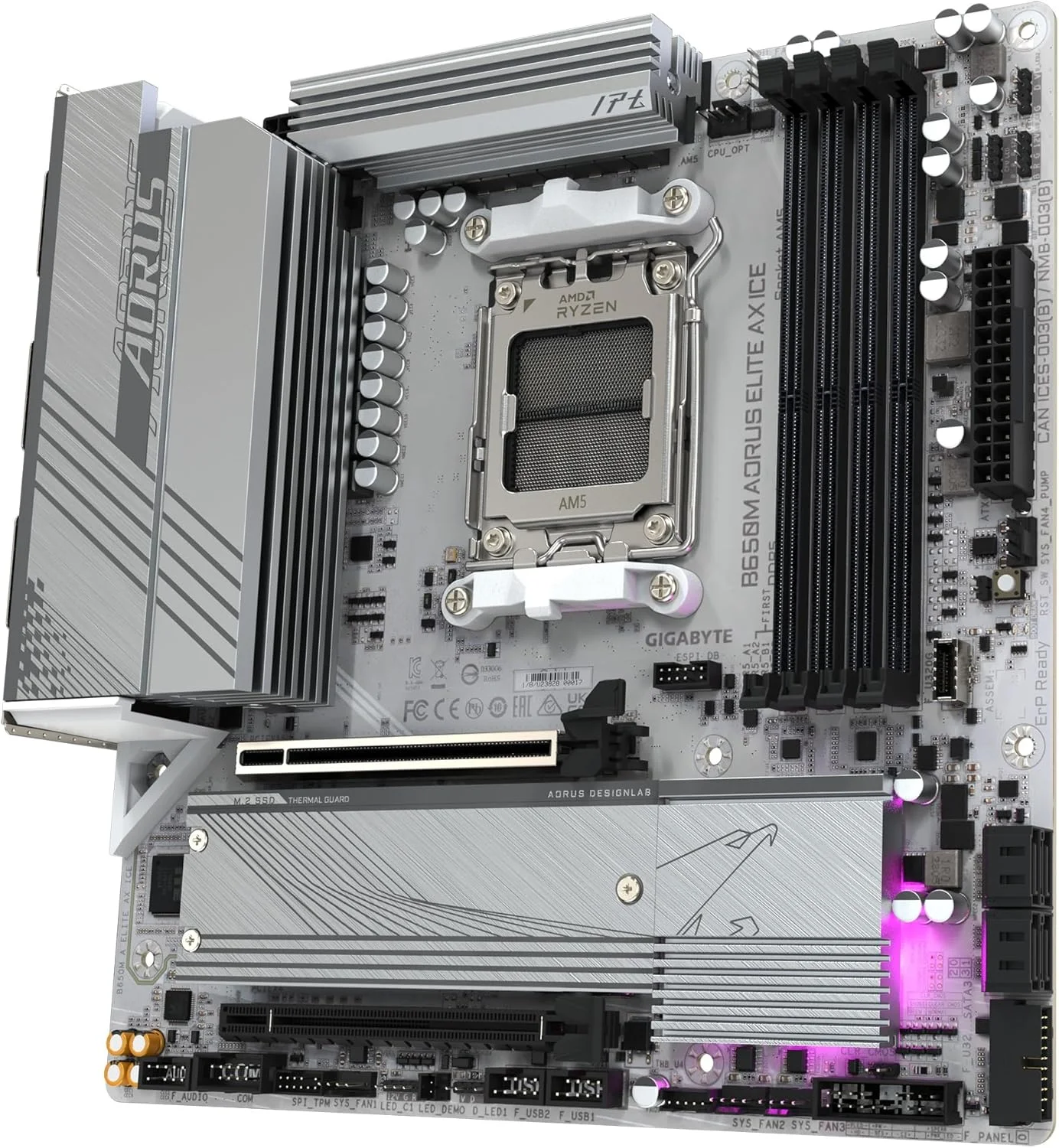 مادربرد GIGABYTE B650M AORUS ELITE AX ICE AM5 LGA 1718 AMD B650 M-ATX با 5 سال گارانتی، DDR5، 2* M.2، PCIe 5.0، USB 3.2 Gen2X2 Type-C، 2.5GbE LAN، Q-Flash Plus، EZ-Latch