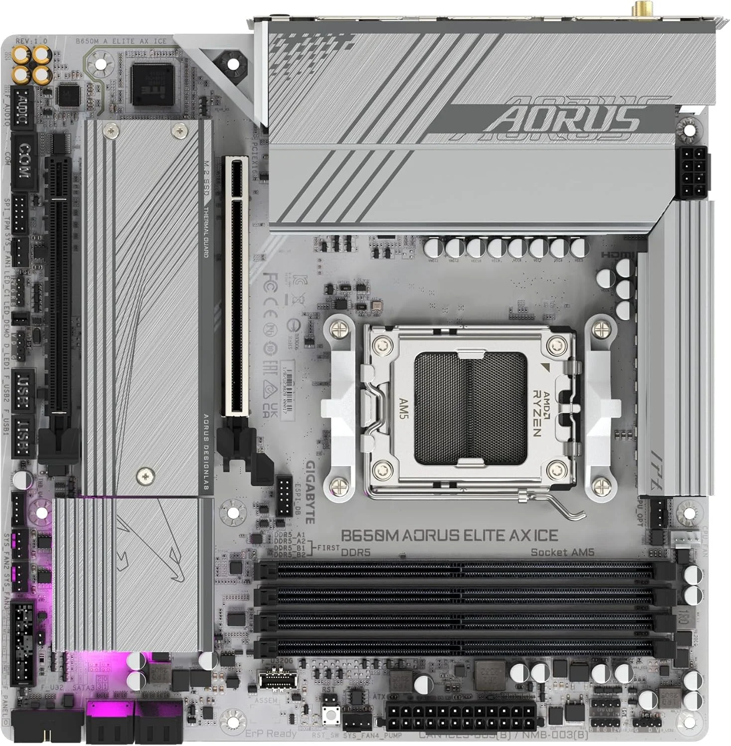 مادربرد GIGABYTE B650M AORUS ELITE AX ICE AM5 LGA 1718 AMD B650 M-ATX با 5 سال گارانتی، DDR5، 2* M.2، PCIe 5.0، USB 3.2 Gen2X2 Type-C، 2.5GbE LAN، Q-Flash Plus، EZ-Latch