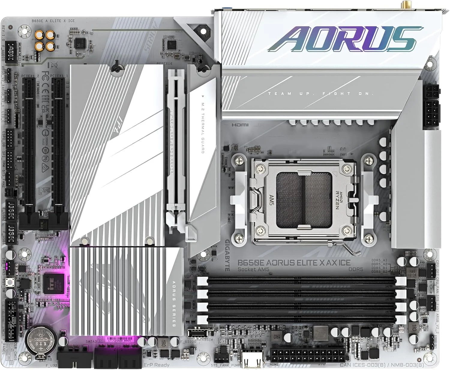 مادربرد GIGABYTE B650E AORUS Elite X AX ICE AM5 LGA 1718 AMD B650 ATX با 5 سال گارانتی، DDR5، 3X M.2، PCIe 5.0، USB 3.2 Gen2X2 Type-C، WiFi 6E، 2.5GbE LAN، Q-Flash Plus، EZ-Latch Plus