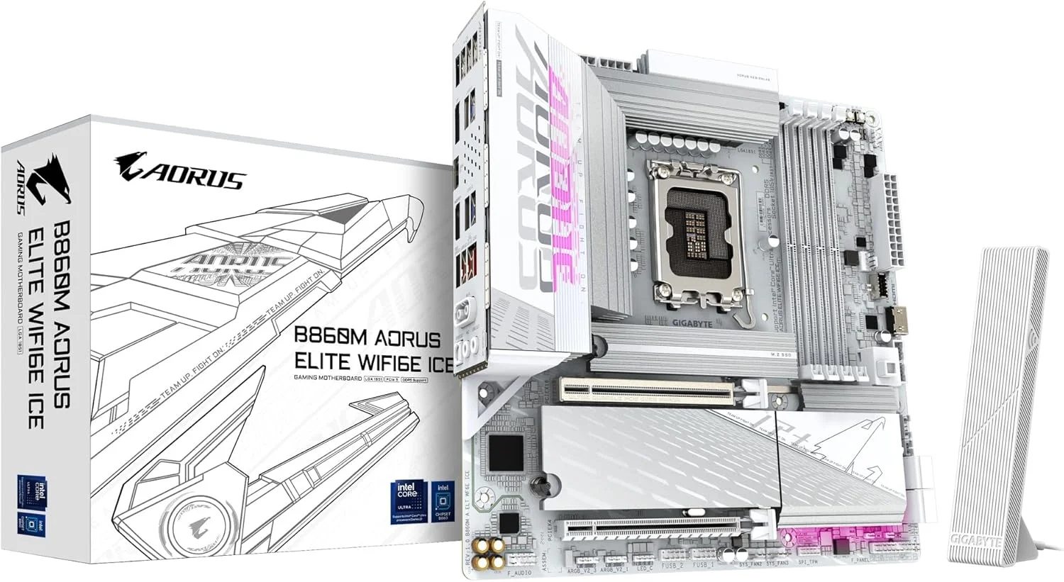 مادربرد GIGABYTE B860M AORUS Elite WIFI6E ICE Intel Core Ultra (سری 2) LGA 1851، mATX، DDR5، 3X M.2، PCIe 5.0، USB-C، WIFI6E، LAN 2.5GbE، EZ-Latch