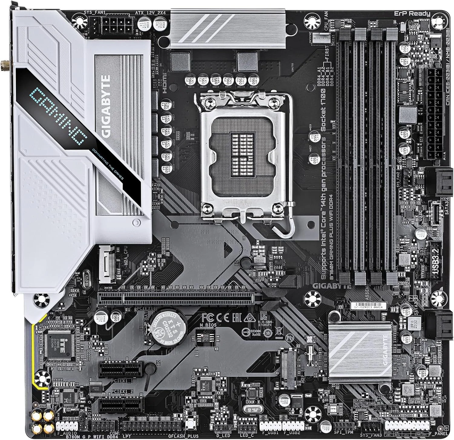 مادربرد GIGABYTE B760M GAMING PLUS WIFI DDR4 LGA 1700 Intel B760 M-ATX با DDR4، 2* M.2، PCIe 4.0، USB 3.2 Gen 1 Type-C جلو، WiFi 6 GbE LAN، Q-Flash Plus، PCIe EZ-Latch