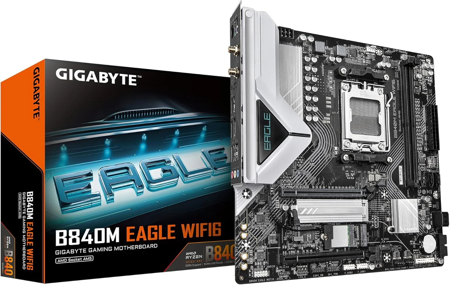 مادربرد GIGABYTE B840M EAGLE WIFI6 - پردازنده های AMD Ryzen 9000، VRM با 5+2+2 فاز، DDR5 تا 7600 مگاهرتز (O.C)، 1xPCIe 4.0 + 1xPCIe 3.0 M.2، Wi-Fi 6، LAN 2.5GbE، USB 3.2 Gen 1
