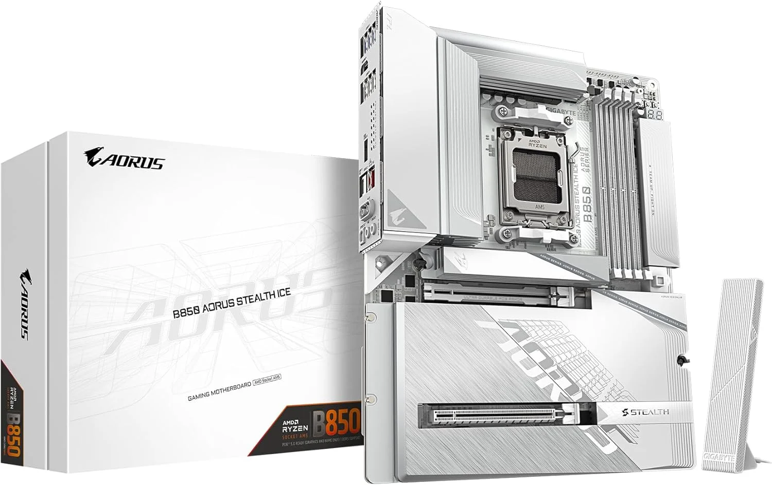 مادربرد GIGABYTE B850 AORUS STEALTH ICE AMD AM5، ATX، DDR5، 4x M.2، PCIe 5.0، USB-C، WIFI7، 5GbE LAN، EZ-Latch