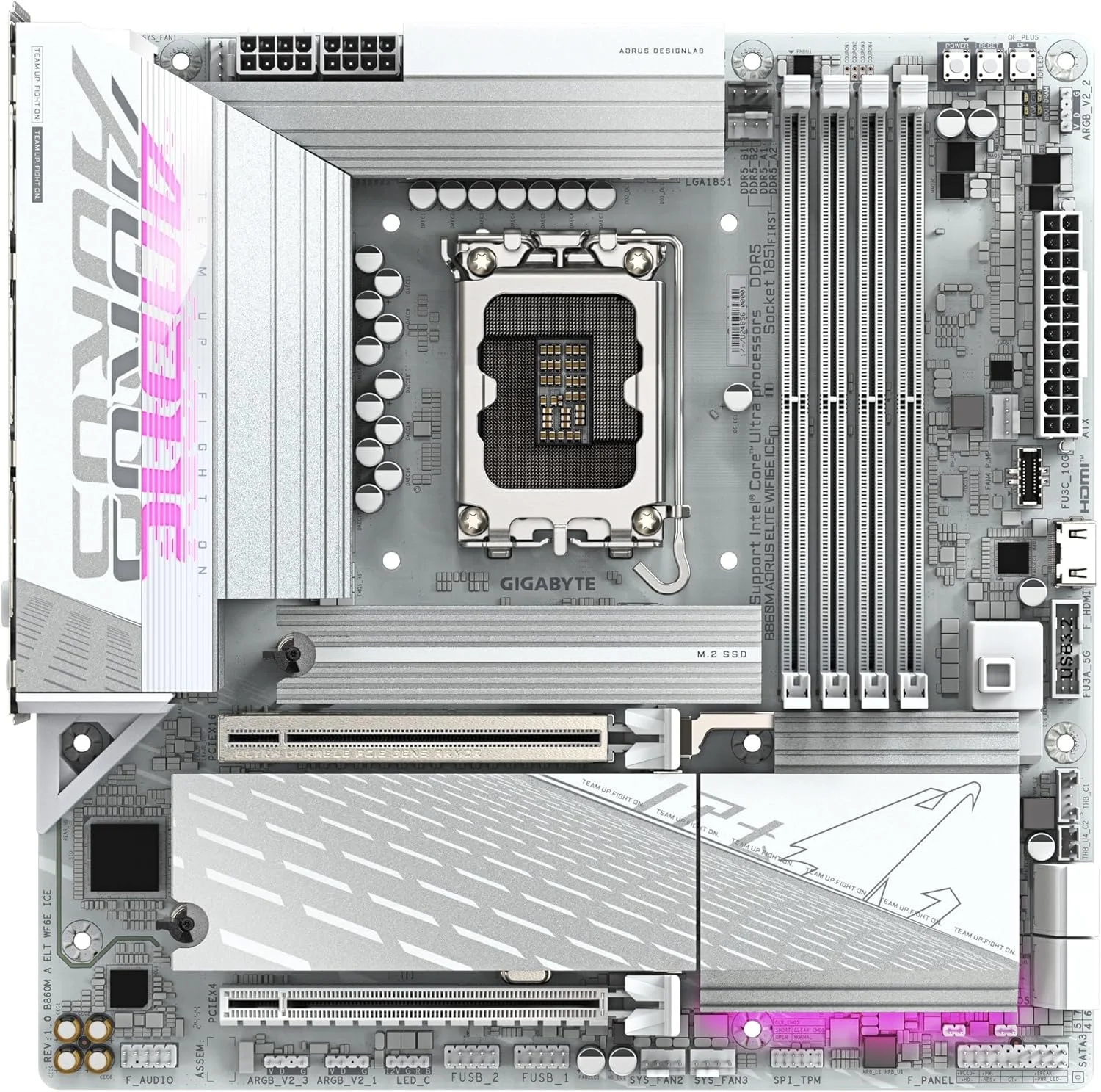 مادربرد GIGABYTE B860M AORUS Elite WIFI6E ICE Intel Core Ultra (سری 2) LGA 1851، mATX، DDR5، 3X M.2، PCIe 5.0، USB-C، WIFI6E، LAN 2.5GbE، EZ-Latch