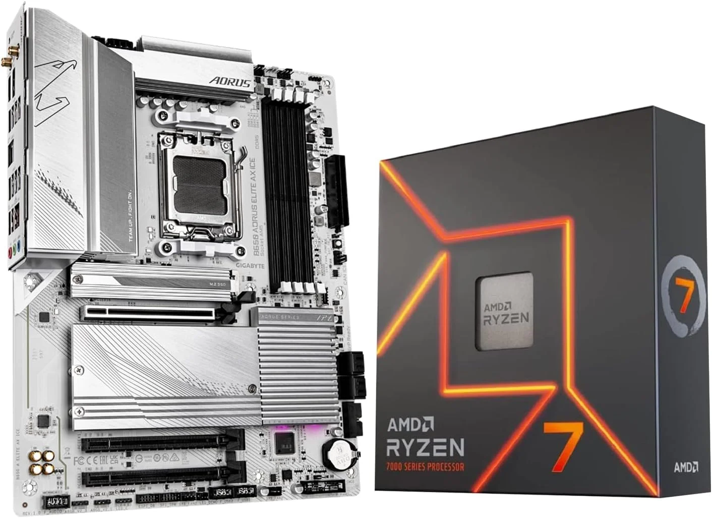 پردازنده مرکزی AMD Ryzen 7 7700X به همراه مادربرد GIGABYTE B650 AORUS Elite AX ICE (AM5, ATX, DDR5, Triple M.2, USB 3.2 Gen2X2 Type-C, WiFi 6E)
