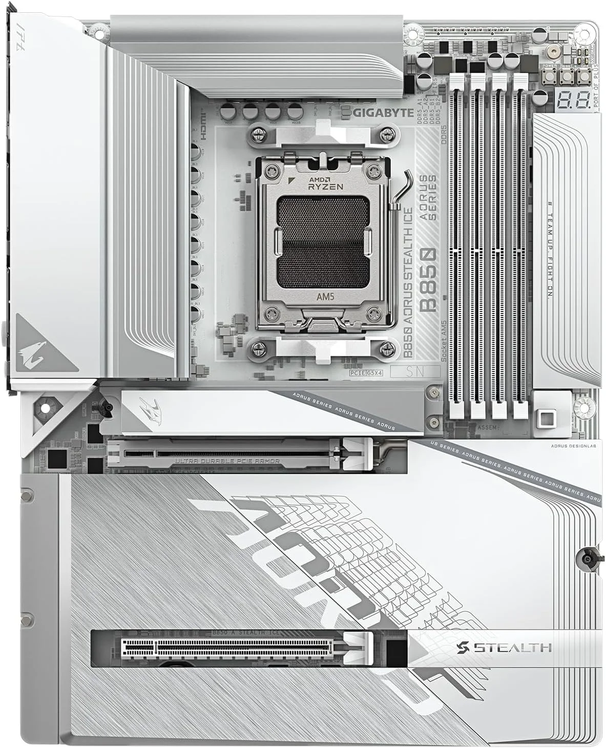 مادربرد GIGABYTE B850 AORUS STEALTH ICE AMD AM5، ATX، DDR5، 4x M.2، PCIe 5.0، USB-C، WIFI7، 5GbE LAN، EZ-Latch