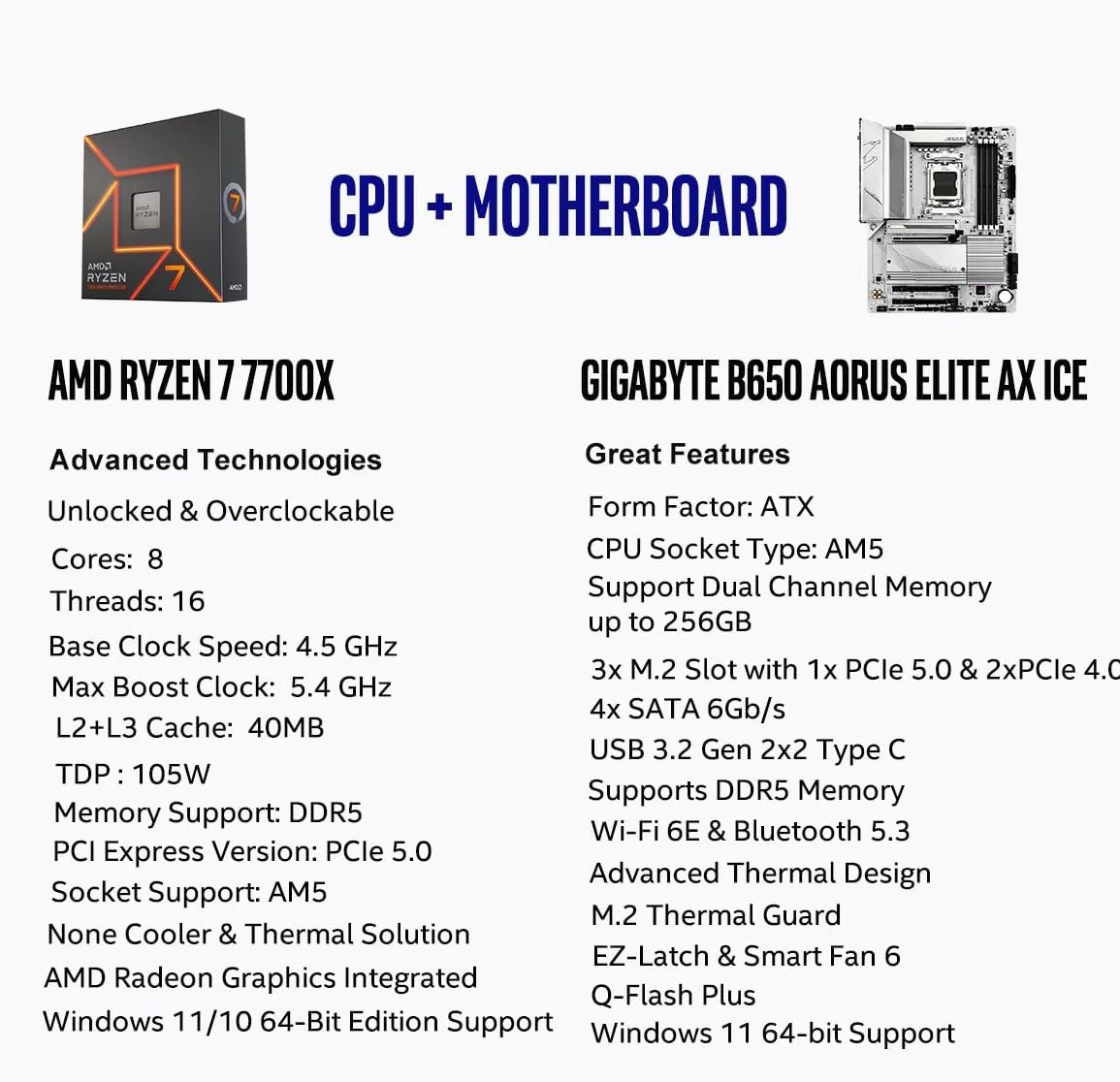 پردازنده مرکزی AMD Ryzen 7 7700X به همراه مادربرد GIGABYTE B650 AORUS Elite AX ICE (AM5, ATX, DDR5, Triple M.2, USB 3.2 Gen2X2 Type-C, WiFi 6E)