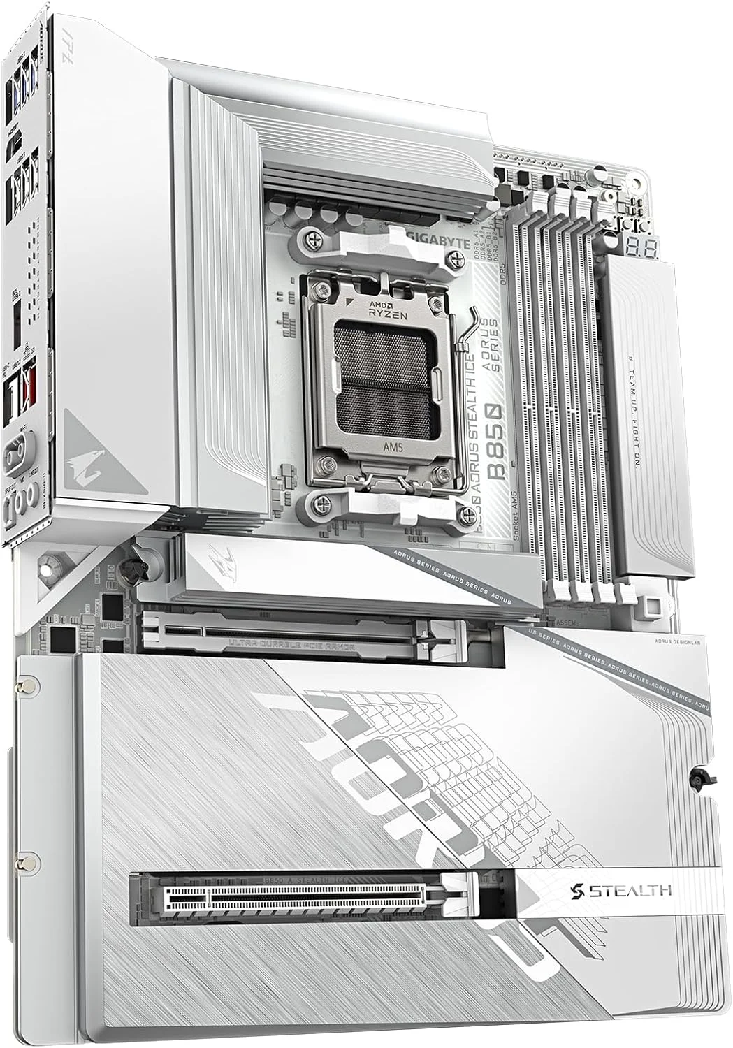 مادربرد GIGABYTE B850 AORUS STEALTH ICE AMD AM5، ATX، DDR5، 4x M.2، PCIe 5.0، USB-C، WIFI7، 5GbE LAN، EZ-Latch