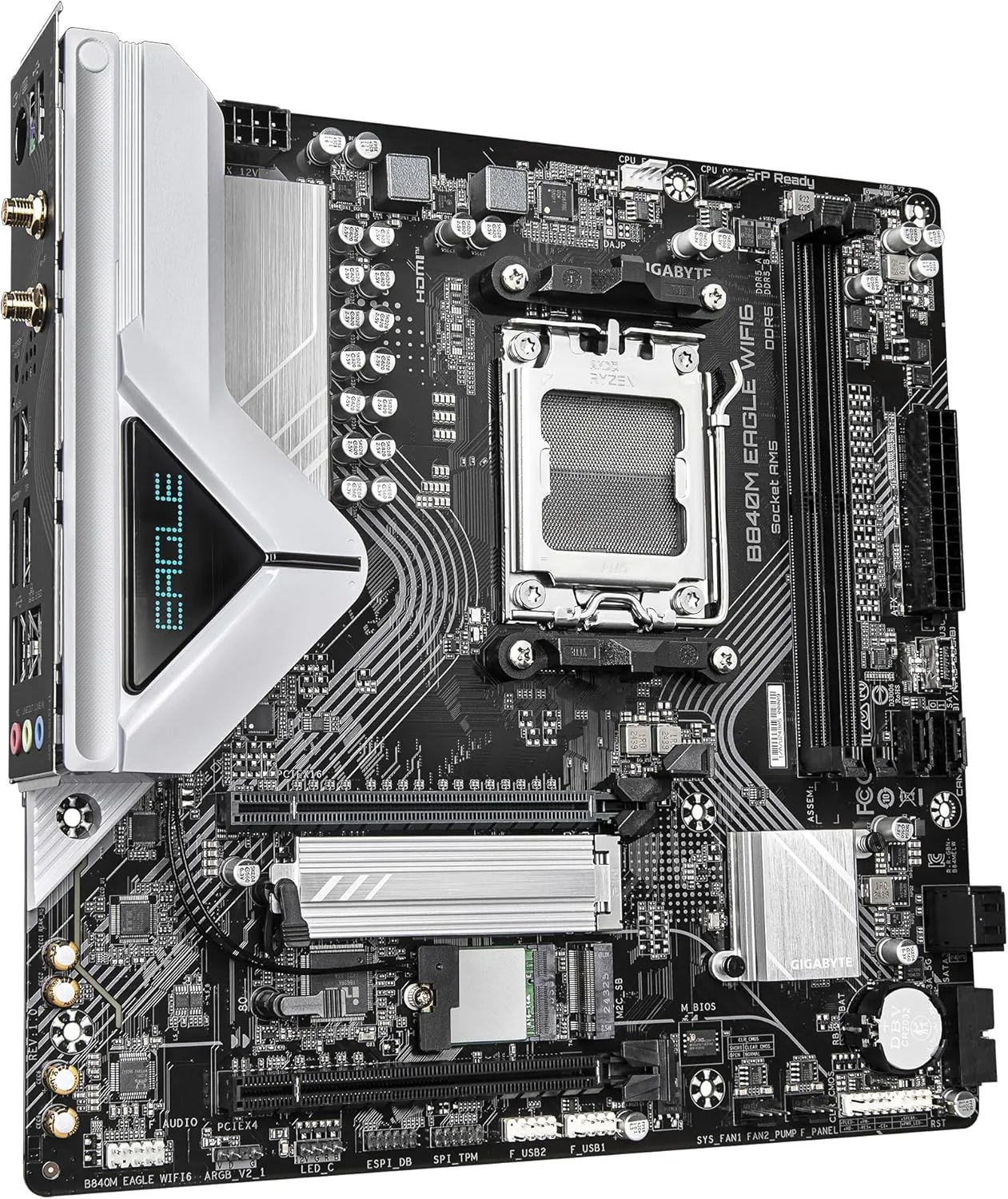 مادربرد GIGABYTE B840M EAGLE WIFI6 - پردازنده های AMD Ryzen 9000، VRM با 5+2+2 فاز، DDR5 تا 7600 مگاهرتز (O.C)، 1xPCIe 4.0 + 1xPCIe 3.0 M.2، Wi-Fi 6، LAN 2.5GbE، USB 3.2 Gen 1