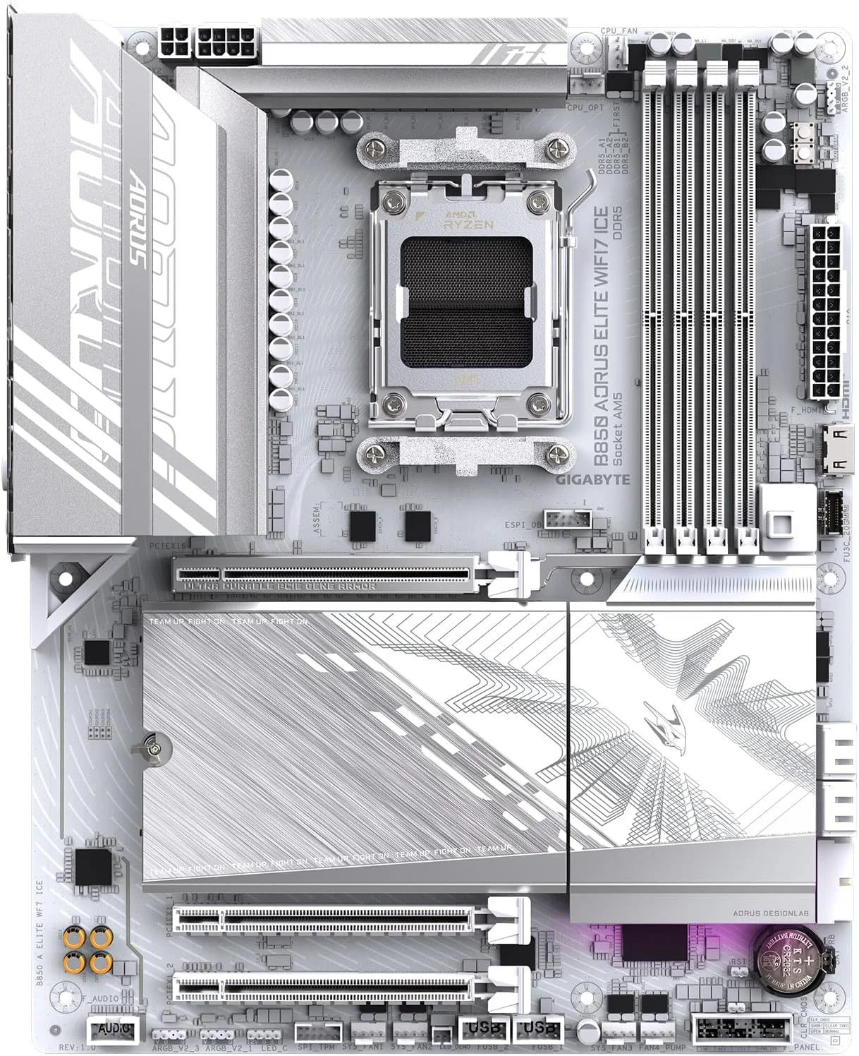مادربرد GIGABYTE B850 AORUS Elite WIFI7 ICE AMD AM5 LGA 1718، ATX، DDR5، 3X M.2، PCIe 5.0، USB-C، WIFI7، LAN 2.5GbE، EZ-Latch، 5 سال گارانتی