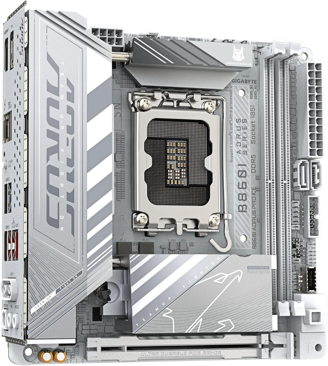مادربرد GIGABYTE B860I AORUS PRO ICE Intel Core Ultra (سری 2) LGA 1851، Mini-ITX، DDR5، 2X M.2، PCIe 5.0، Thunderbolt 4، WIFI7، 2.5GbE LAN، EZ-Latch