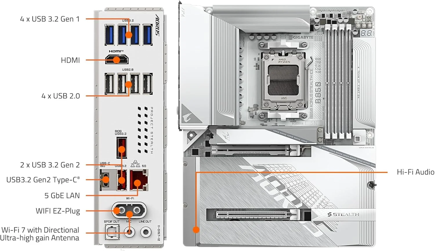 مادربرد GIGABYTE B850 AORUS STEALTH ICE AMD AM5، ATX، DDR5، 4x M.2، PCIe 5.0، USB-C، WIFI7، 5GbE LAN، EZ-Latch