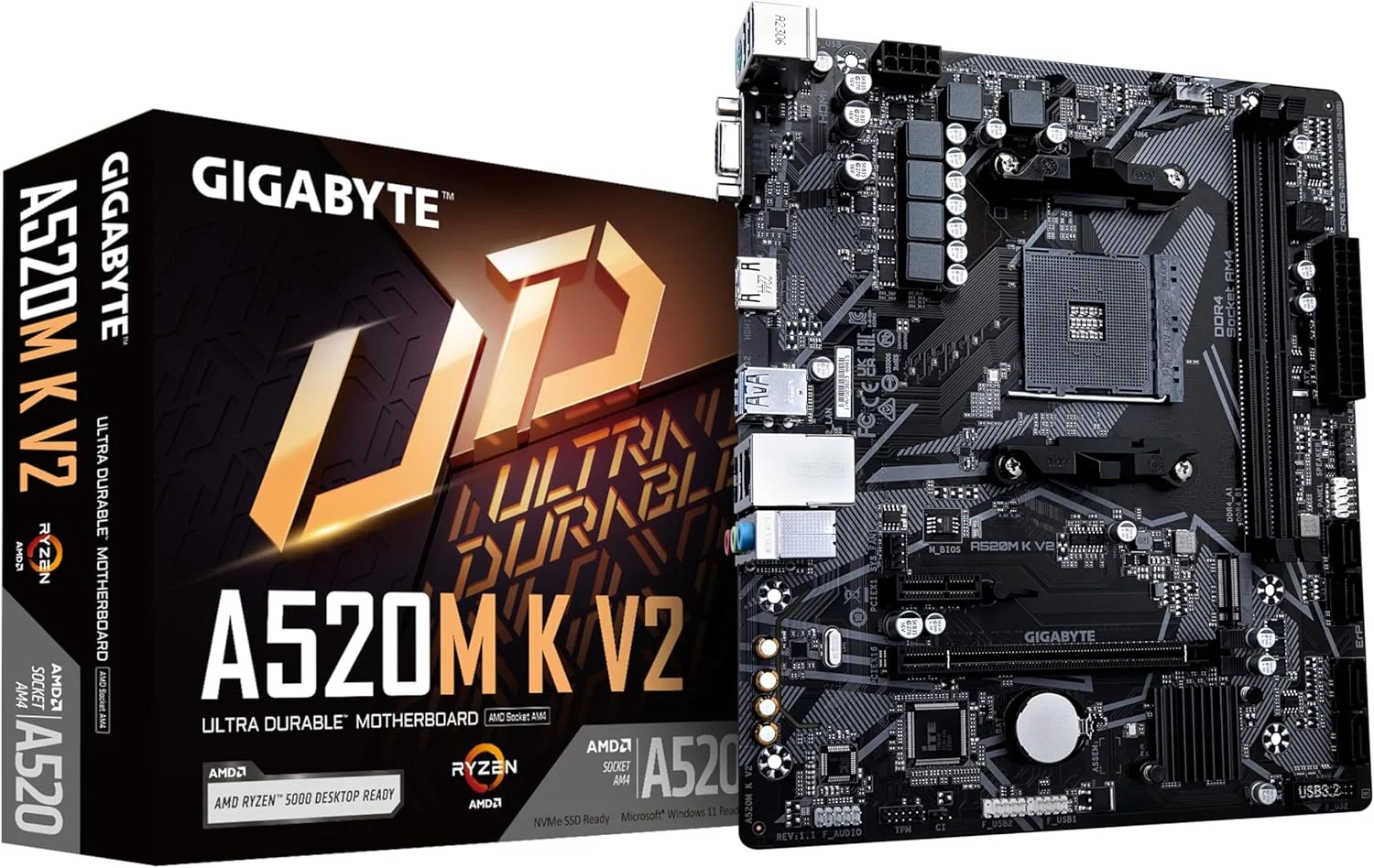 مادربرد گیگابایت A520M K V2 1.0 MB، خانواده پردازنده AMD، سوکت پردازنده AM4، اسلات حافظه DDR4 DIMM، اسلات حافظه 2، رابط های هارد دیسک پشتیبانی شده SATA M.2، تعداد کانکتورهای SATA