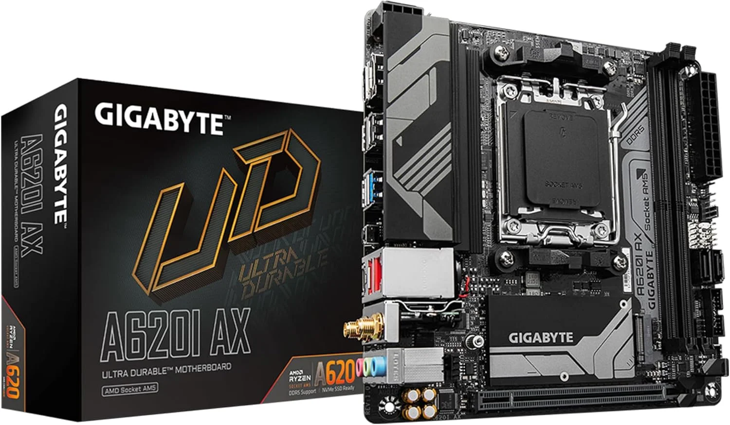 مادربرد GIGABYTE A620I AX (AM5/ LGA 1718/ AMD/ A620/ Mini-ITX/ 5 سال گارانتی/ DDR5/ Single M.2/ PCIe 4.0/ USB 3.2 Gen1 Type-C/Realtek Wi-Fi 6E/ Realtek 2.5GbE/ Q-Flash Plus/PCIe EZ-Latch)