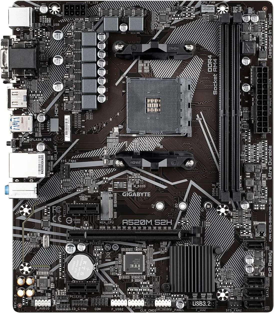 مادربرد گیگابایت A520M S2H (AMD Ryzen AM4/MicroATX/PWM دیجیتال 4+3 فاز/Gigabyte Gaming GbE LAN/NVMe PCIe 3.0 x4 M.2/3 رابط نمایشگر/Q-Flash Plus/RGB Fusion 2.0)