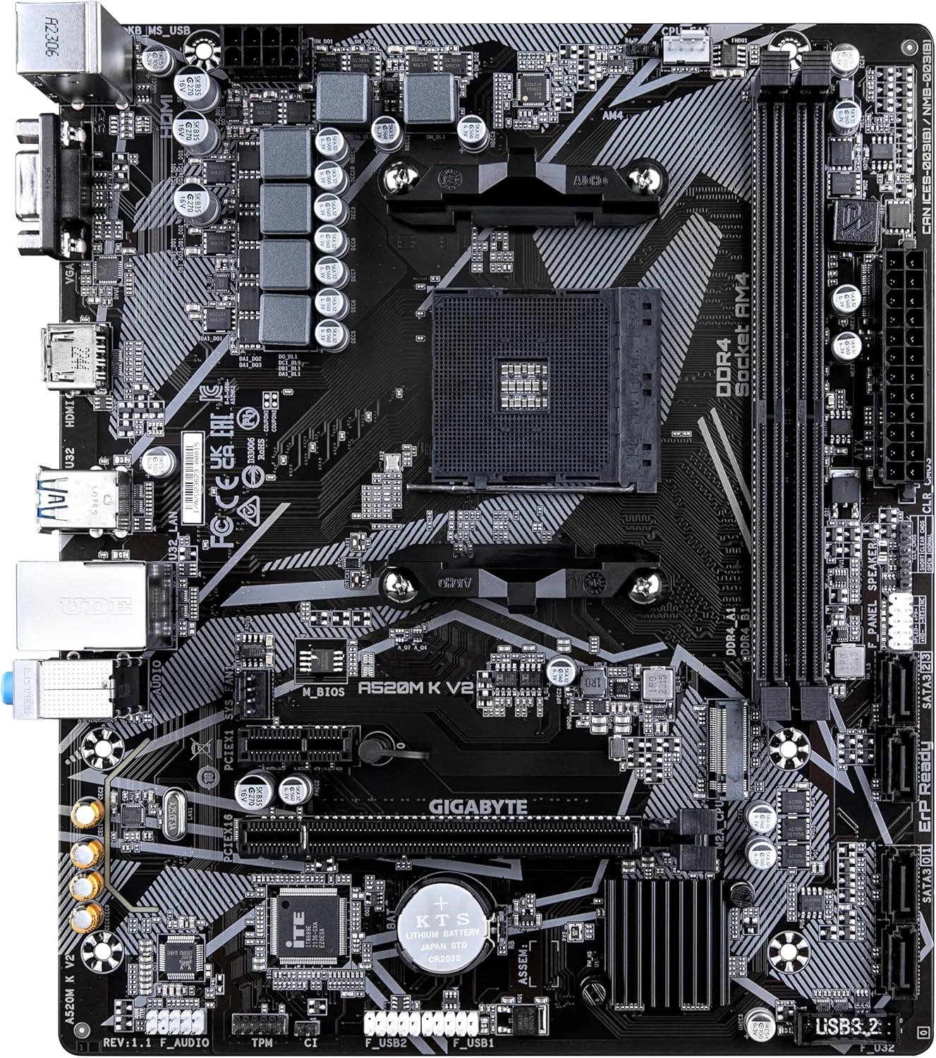 مادربرد گیگابایت A520M K V2 1.0 MB، خانواده پردازنده AMD، سوکت پردازنده AM4، اسلات حافظه DDR4 DIMM، اسلات حافظه 2، رابط های هارد دیسک پشتیبانی شده SATA M.2، تعداد کانکتورهای SATA