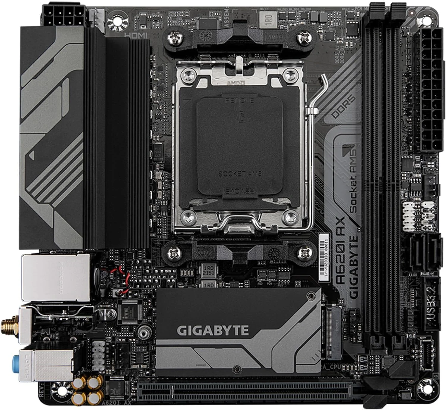 مادربرد GIGABYTE A620I AX (AM5/ LGA 1718/ AMD/ A620/ Mini-ITX/ 5 سال گارانتی/ DDR5/ Single M.2/ PCIe 4.0/ USB 3.2 Gen1 Type-C/Realtek Wi-Fi 6E/ Realtek 2.5GbE/ Q-Flash Plus/PCIe EZ-Latch)