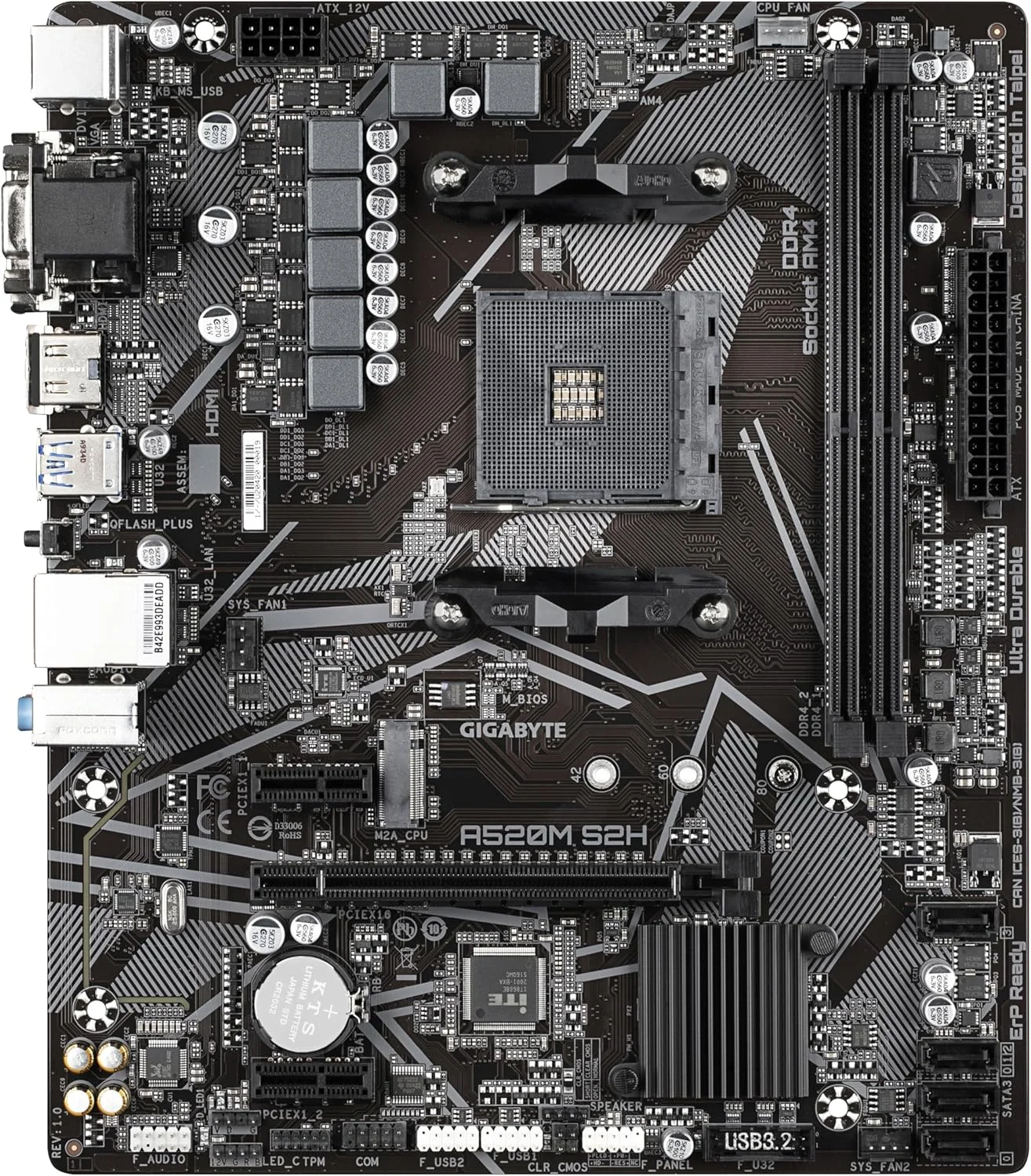 مادربرد گیگابایت AMD A520SAM4 MicroATX حافظه DDR4 اسلات حافظه 22xPCI Express 3.0 1x1xPCI Express 3.0 16x1xM.2 1x15pin Dsub 1xDVID 1xHDMI 2xAVIn 1xAVout 2xUSB 2.