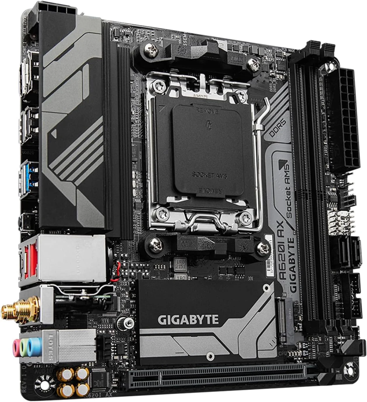 مادربرد GIGABYTE A620I AX (AM5/ LGA 1718/ AMD/ A620/ Mini-ITX/ 5 سال گارانتی/ DDR5/ Single M.2/ PCIe 4.0/ USB 3.2 Gen1 Type-C/Realtek Wi-Fi 6E/ Realtek 2.5GbE/ Q-Flash Plus/PCIe EZ-Latch)