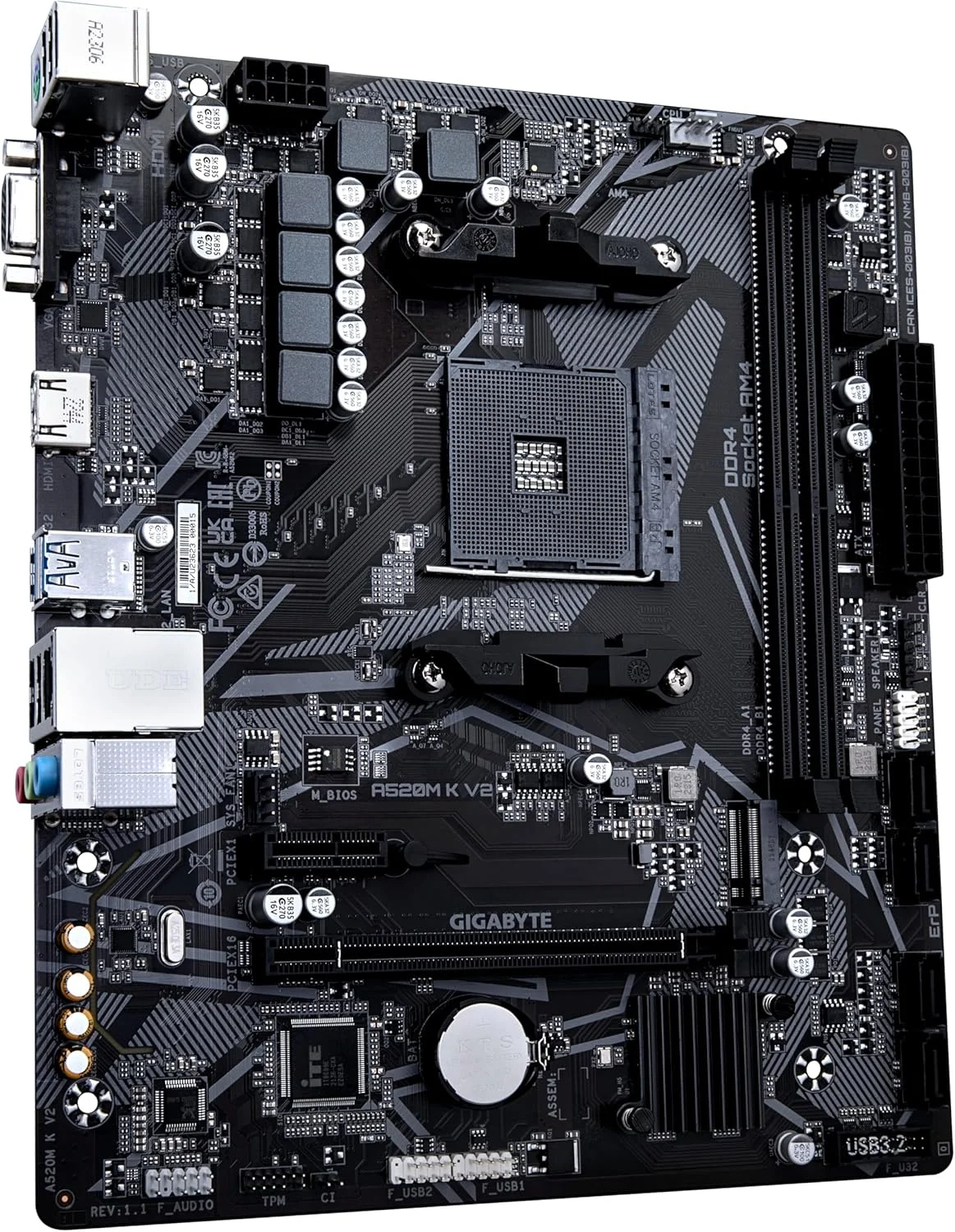 مادربرد گیگابایت A520M K V2 1.0 MB، خانواده پردازنده AMD، سوکت پردازنده AM4، اسلات حافظه DDR4 DIMM، اسلات حافظه 2، رابط های هارد دیسک پشتیبانی شده SATA M.2، تعداد کانکتورهای SATA