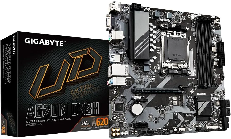 مادربرد گیگابایت A620M DS3H - پشتیبانی از پردازنده های AMD Ryzen 8000، دارای VRM دیجیتال 5+2+2 فاز، پشتیبانی از DDR5 تا 7600 مگاهرتز (OC)، دارای 1xPCIe 4.0 M.2، GbE LAN، USB 3.2 Gen 1