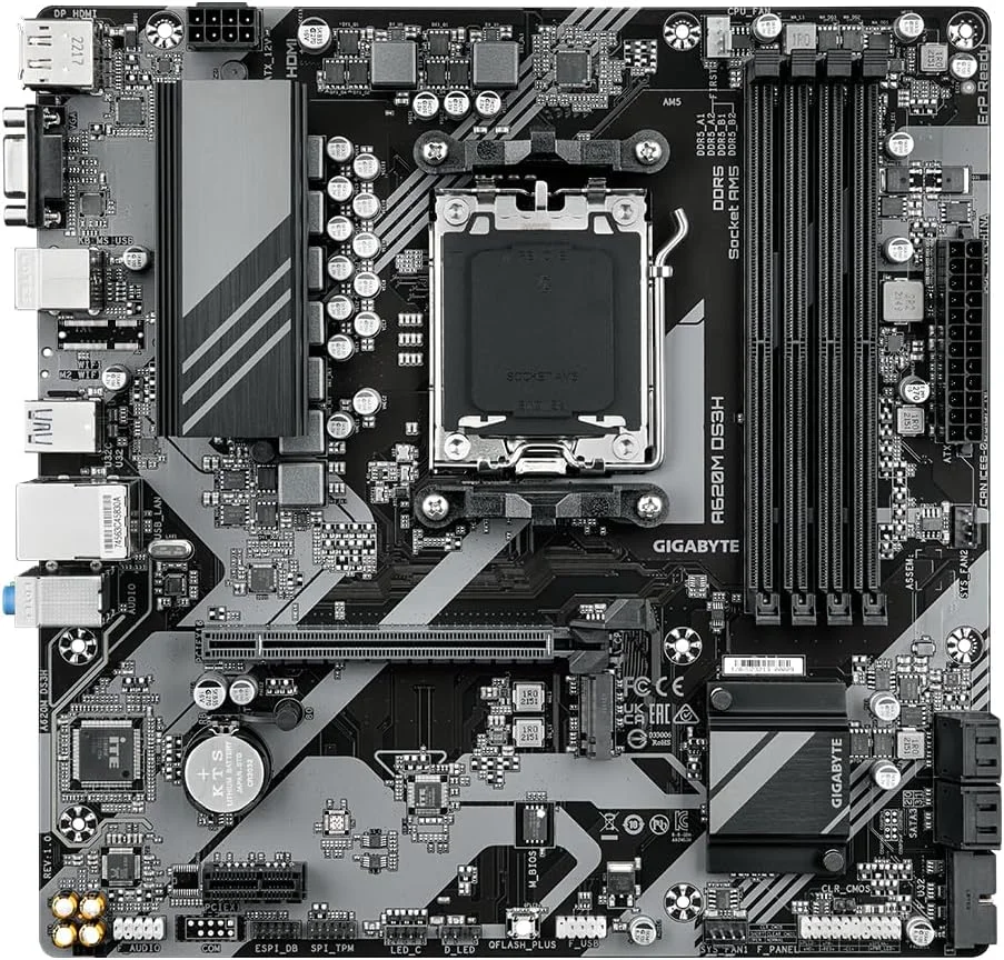 مادربرد گیگابایت A620M DS3H - پشتیبانی از پردازنده های AMD Ryzen 8000، دارای VRM دیجیتال 5+2+2 فاز، پشتیبانی از DDR5 تا 7600 مگاهرتز (OC)، دارای 1xPCIe 4.0 M.2، GbE LAN، USB 3.2 Gen 1