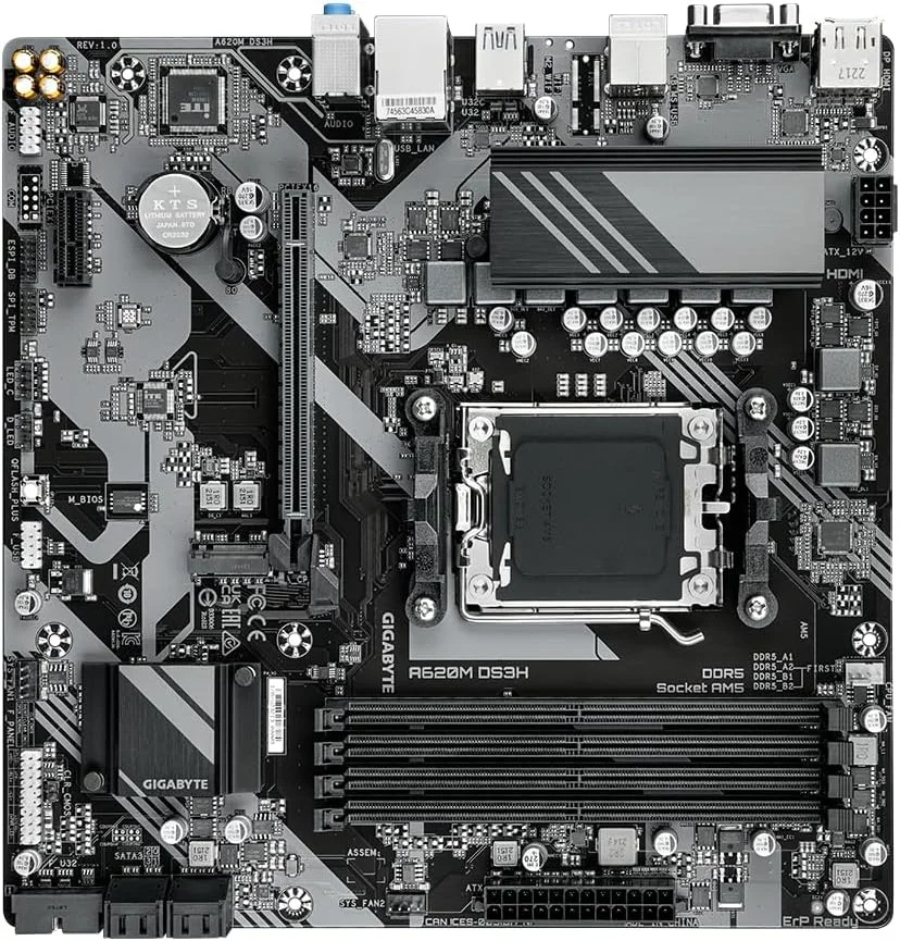 مادربرد گیگابایت A620M DS3H - پشتیبانی از پردازنده های AMD Ryzen 8000، دارای VRM دیجیتال 5+2+2 فاز، پشتیبانی از DDR5 تا 7600 مگاهرتز (OC)، دارای 1xPCIe 4.0 M.2، GbE LAN، USB 3.2 Gen 1