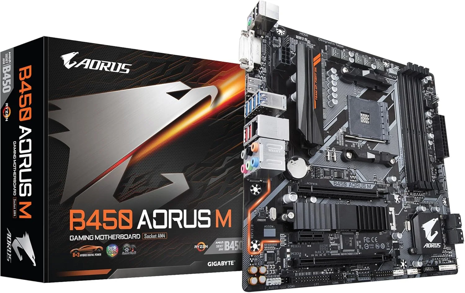 مادربرد GIGABYTE B450 AORUS M (AMD Ryzen AM4/Micro ATX/M.2 Thermal Guard/HDMI/DVI/USB 3.1 Gen 2/DDR4)