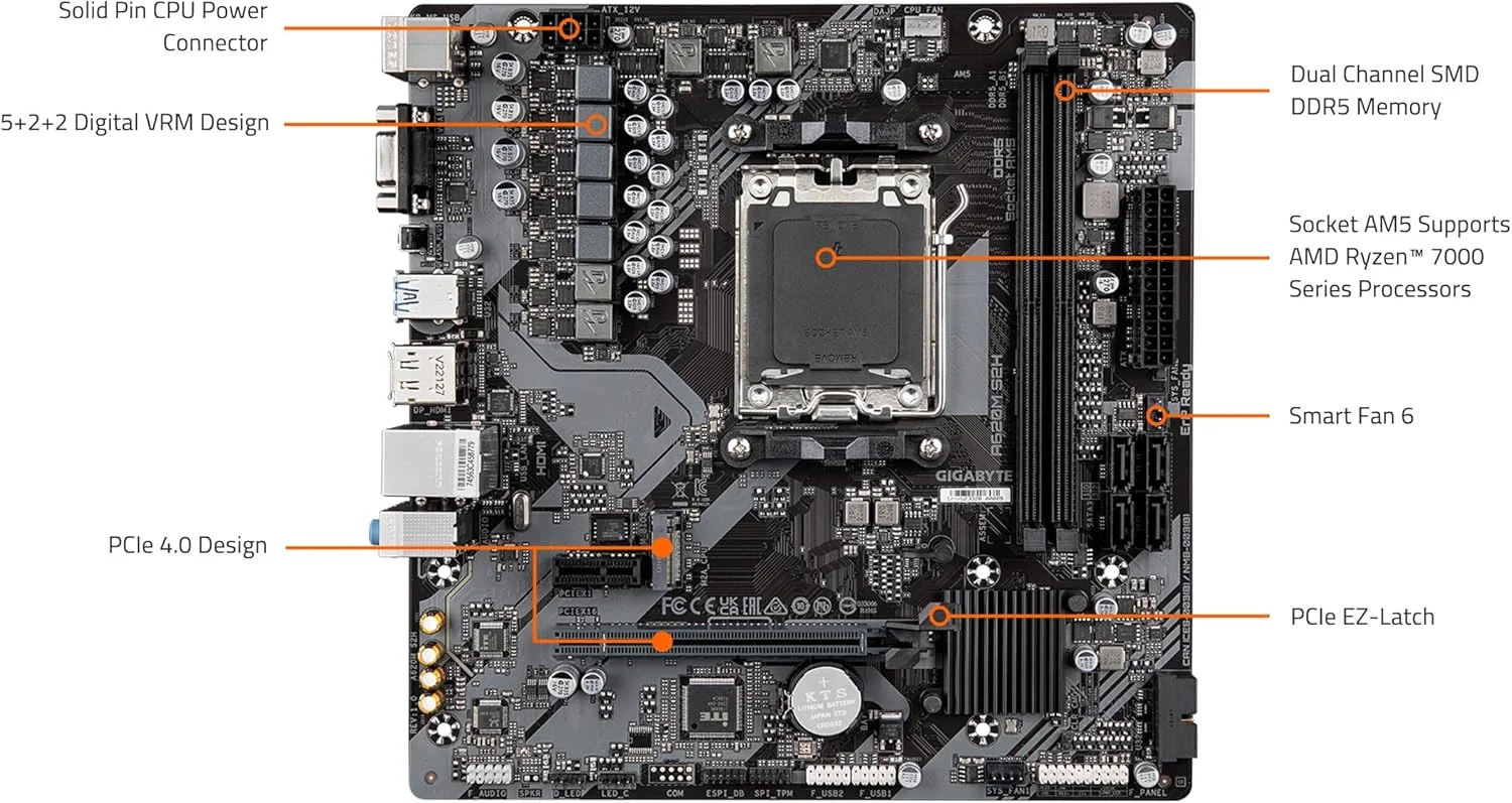 مادربرد GIGABYTE A620M S2H (AM5/ LGA 1718/ AMD/ A620/ Micro ATX/ 5 سال گارانتی/ DDR5/ Single M.2/ PCIe 4.0/ USB 3.2 Gen1/ Realtek 1GbE LAN/Q-Flash Plus/PCIe EZ-Latch)
