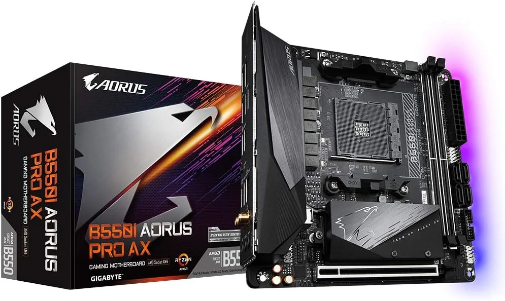 مادربرد گیگابایت B550I AORUS PRO AX 1.0، خانواده پردازنده AMD، سوکت پردازنده AM4، حافظه DDR4 DIMM، اسلات حافظه 2، چیپست AMD B550، فرم فاکتور Mini ITX