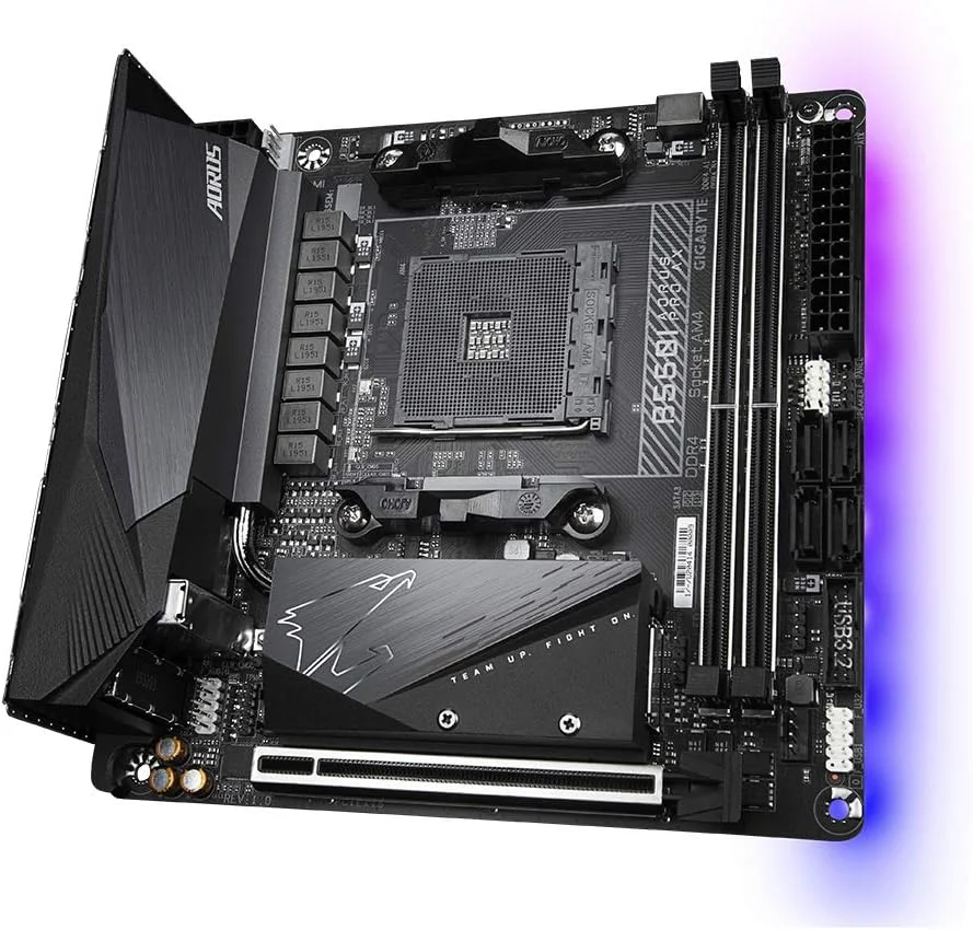 مادربرد گیگابایت B550I AORUS PRO AX 1.0، خانواده پردازنده AMD، سوکت پردازنده AM4، حافظه DDR4 DIMM، اسلات حافظه 2، چیپست AMD B550، فرم فاکتور Mini ITX مادربرد گیگابایت B550I AORUS PRO AX 1.0، خانواده پردازنده AMD، سوکت پردازنده AM4، حافظه DDR4 DIMM، اسلات حافظه 2، چیپست AMD B550، فرم فاکتور Mini ITX