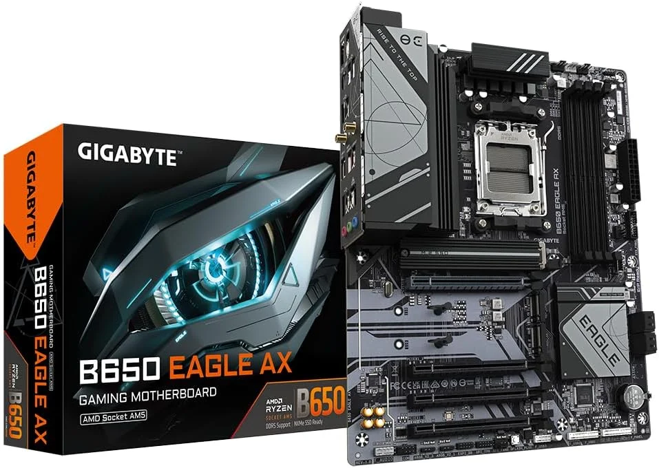 مادربرد گیگابایت B650 EAGLE AX - پشتیبانی از پردازنده های AMD Ryzen 7000، دارای VRM دیجیتال 12+2+2 فاز، پشتیبانی از DDR5 تا 7600 مگاهرتز (OC)، دارای 1xPCIe 5.0 + 2xPCIe 4.0 M.2، Wi-Fi 6E 802.11ax، GbE LAN، USB 3.2 Gen2