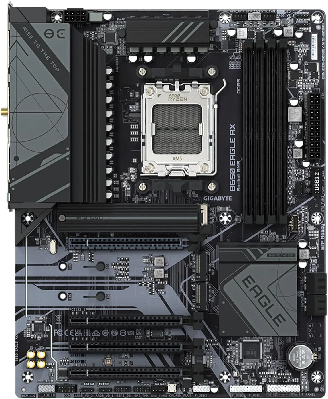 مادربرد GIGABYTE B650 Eagle AX AM5 LGA 1718 AMD B650 ATX، DDR5 Triple M.2، PCIe 5.0، USB 3.2 Gen2x2 Type-C، AMD Wi-Fi 6E، Realtek GbE LAN