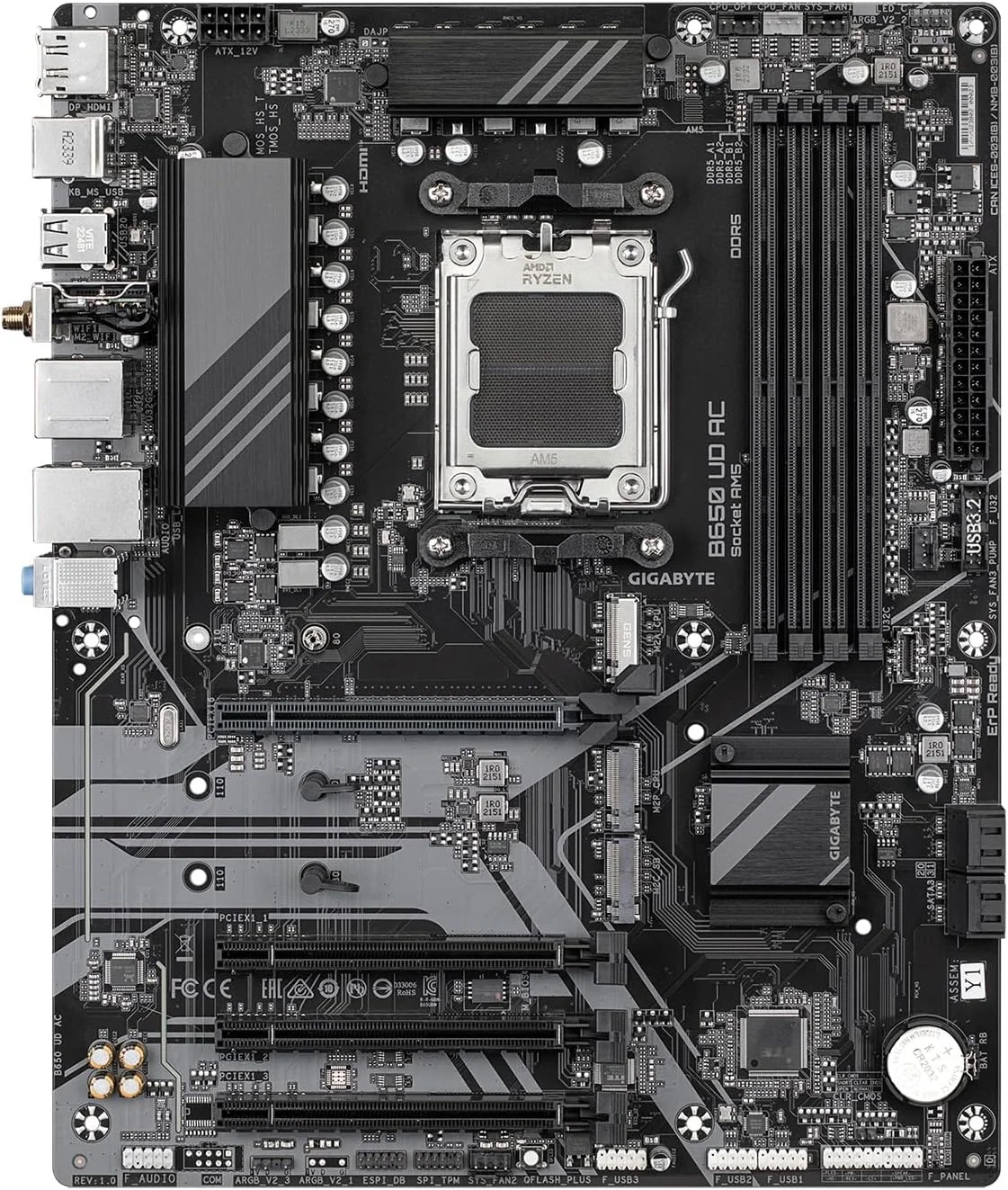 مادربرد GIGABYTE B650 UD AC (rev. 1.0) AM5 LGA 1718 AMD B650 ATX با 5 سال گارانتی، DDR5، PCIe 4.0 M.2، PCIe 4.0، USB 3.2 Gen2x2 Type-C، GbE LAN