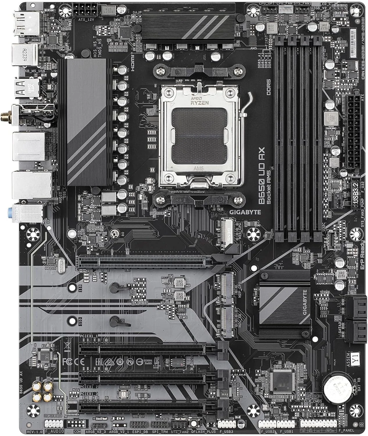 مادربرد GIGABYTE B650 UD AX (rev. 1.0) AM5 LGA 1718 AMD B650 ATX DDR5، PCIe 4.0 M.2، PCIe 4.0، USB 3.2 Gen2x2 Type-C، Wi-Fi 6، GbE LAN، Q-Flash، EZ-Latch