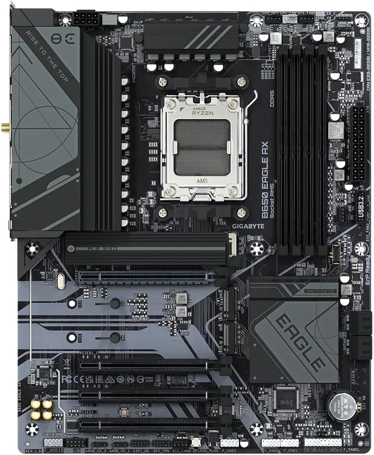 مادربرد گیگابایت B650 EAGLE AX - پشتیبانی از پردازنده های AMD Ryzen 7000، دارای VRM دیجیتال 12+2+2 فاز، پشتیبانی از DDR5 تا 7600 مگاهرتز (OC)، دارای 1xPCIe 5.0 + 2xPCIe 4.0 M.2، Wi-Fi 6E 802.11ax، GbE LAN، USB 3.2 Gen2