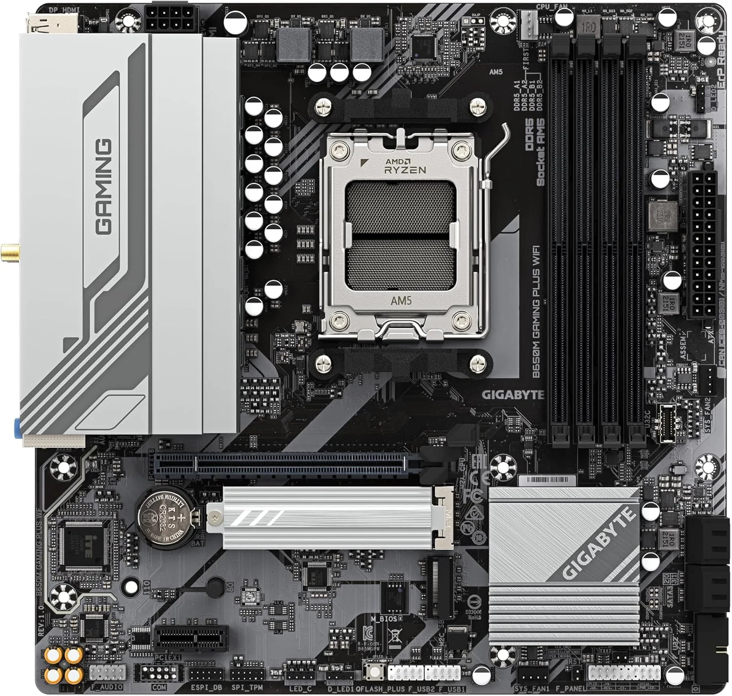 مادربرد GIGABYTE B650M GAMING PLUS WIFI - پردازنده AMD Ryzen 9000، VRM با فازهای 5+2+2، DDR5 تا 8000 مگاهرتز، 2xPCIe 4.0 M.2، LAN 2.5GbE، WIFI 6E، USB 3.2 Gen 1