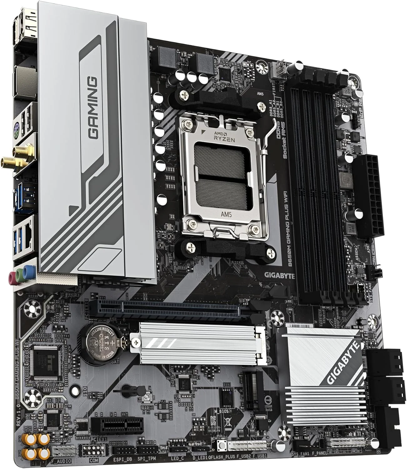 مادربرد GIGABYTE B650M GAMING PLUS WIFI - پردازنده AMD Ryzen 9000، VRM با فازهای 5+2+2، DDR5 تا 8000 مگاهرتز، 2xPCIe 4.0 M.2، LAN 2.5GbE، WIFI 6E، USB 3.2 Gen 1