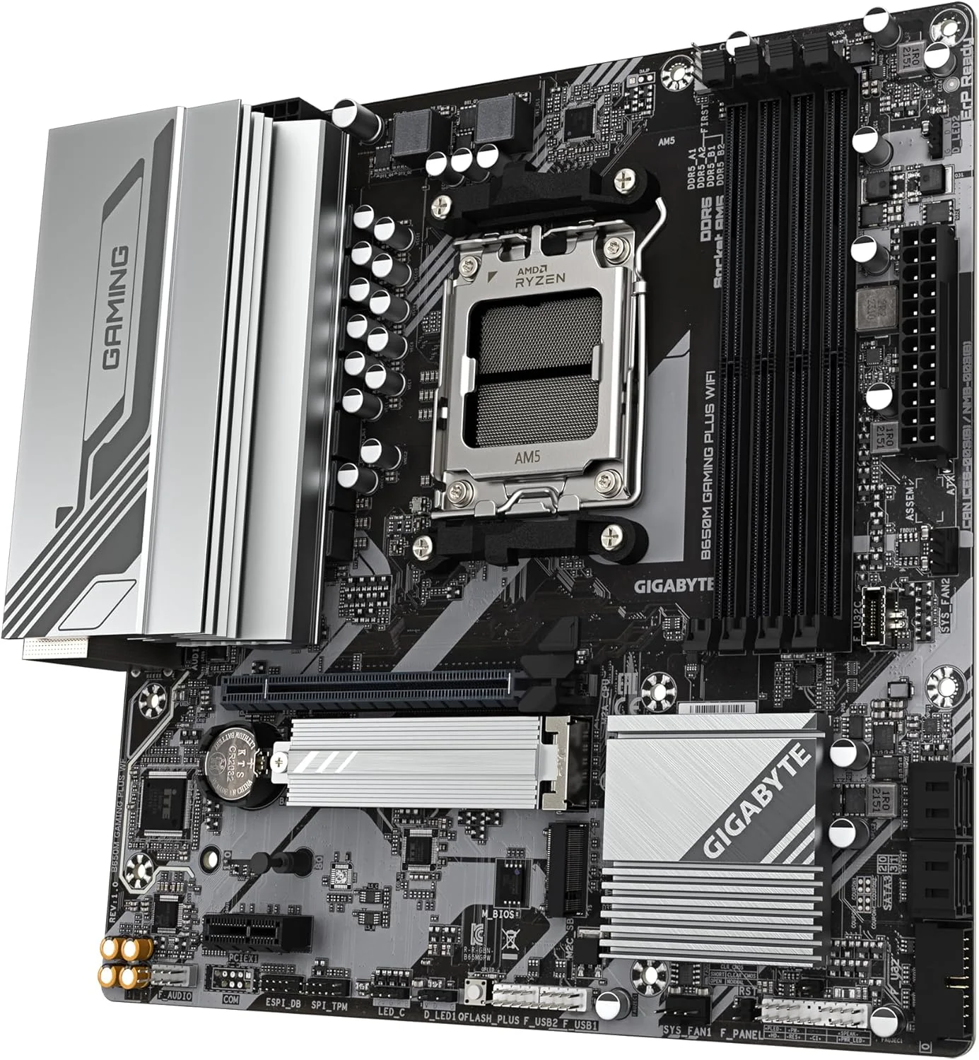 مادربرد GIGABYTE B650M GAMING PLUS WIFI - پردازنده AMD Ryzen 9000، VRM با فازهای 5+2+2، DDR5 تا 8000 مگاهرتز، 2xPCIe 4.0 M.2، LAN 2.5GbE، WIFI 6E، USB 3.2 Gen 1