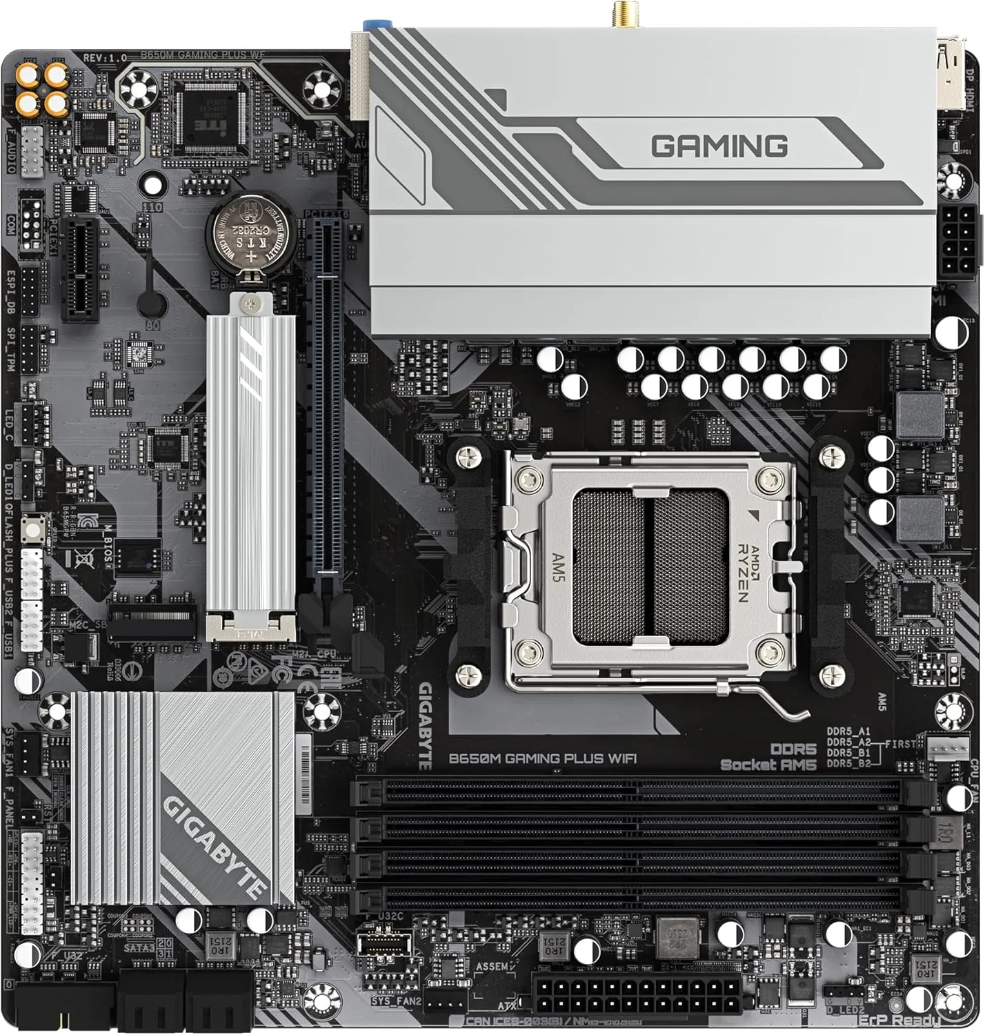مادربرد GIGABYTE B650M GAMING PLUS WIFI - پردازنده AMD Ryzen 9000، VRM با فازهای 5+2+2، DDR5 تا 8000 مگاهرتز، 2xPCIe 4.0 M.2، LAN 2.5GbE، WIFI 6E، USB 3.2 Gen 1