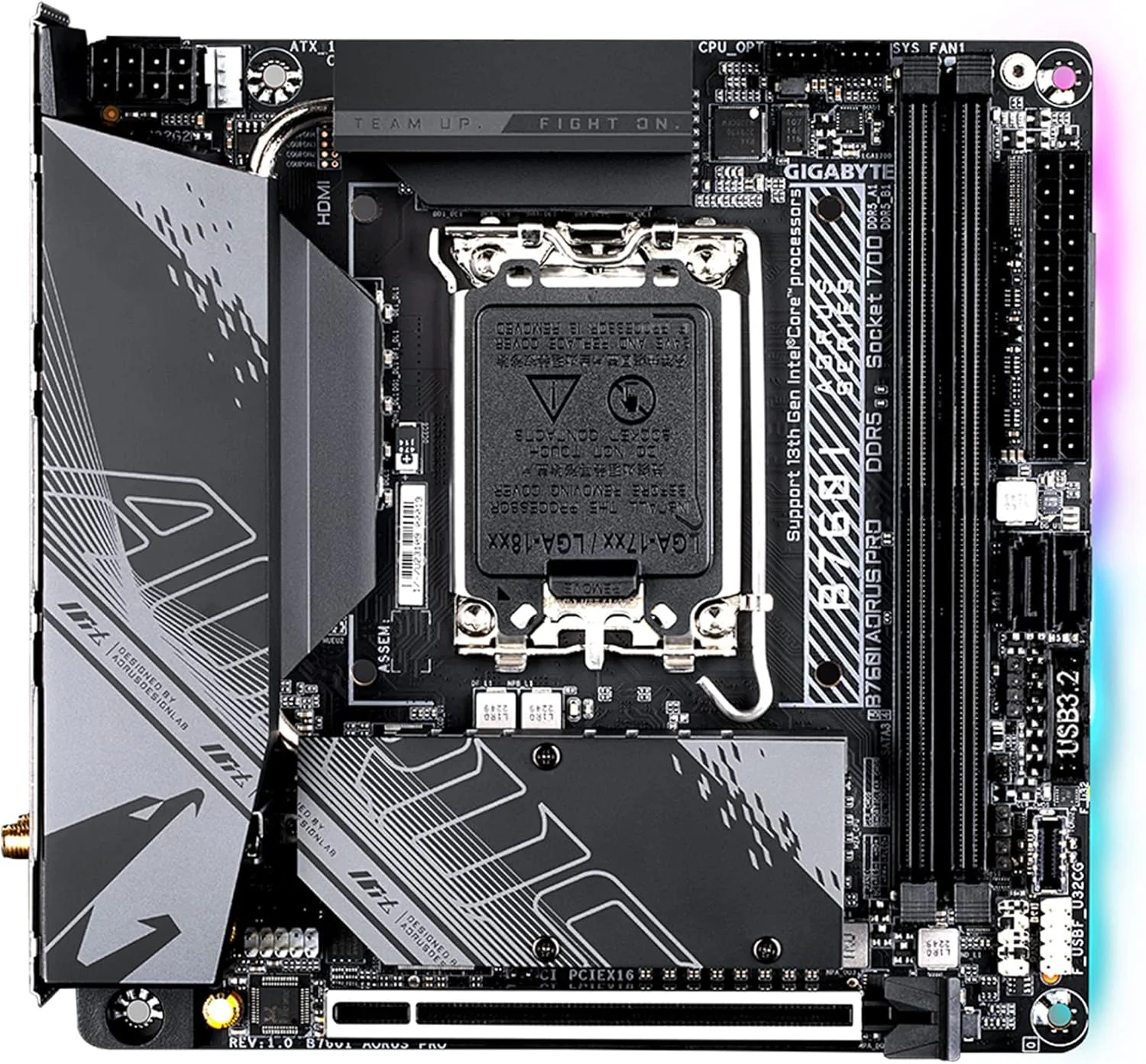 مادربرد GIGABYTE B760I AORUS PRO (LGA 1700/ Intel/ B760/ Mini-ITX/ DDR5/ Dual M.2/ PCIe 4.0/ USB 3.2 Gen2X2 Type-C/WiFi 6E/ Intel 2.5GbE LAN/Q-Flash Plus) مادربرد GIGABYTE B760I AORUS PRO (LGA 1700/ Intel/ B760/ Mini-ITX/ DDR5/ Dual M.2/ PCIe 4.0/ USB 3.2 Gen2X2 Type-C/WiFi 6E/ Intel 2.5GbE LAN/Q-Flash Plus)