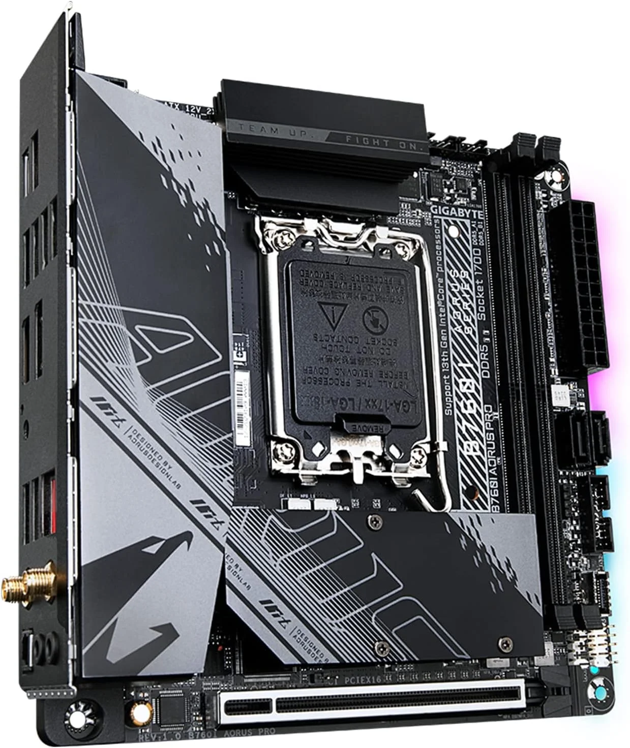 مادربرد GIGABYTE B760I AORUS PRO (LGA 1700/ Intel/ B760/ Mini-ITX/ DDR5/ Dual M.2/ PCIe 4.0/ USB 3.2 Gen2X2 Type-C/WiFi 6E/ Intel 2.5GbE LAN/Q-Flash Plus) مادربرد GIGABYTE B760I AORUS PRO (LGA 1700/ Intel/ B760/ Mini-ITX/ DDR5/ Dual M.2/ PCIe 4.0/ USB 3.2 Gen2X2 Type-C/WiFi 6E/ Intel 2.5GbE LAN/Q-Flash Plus)