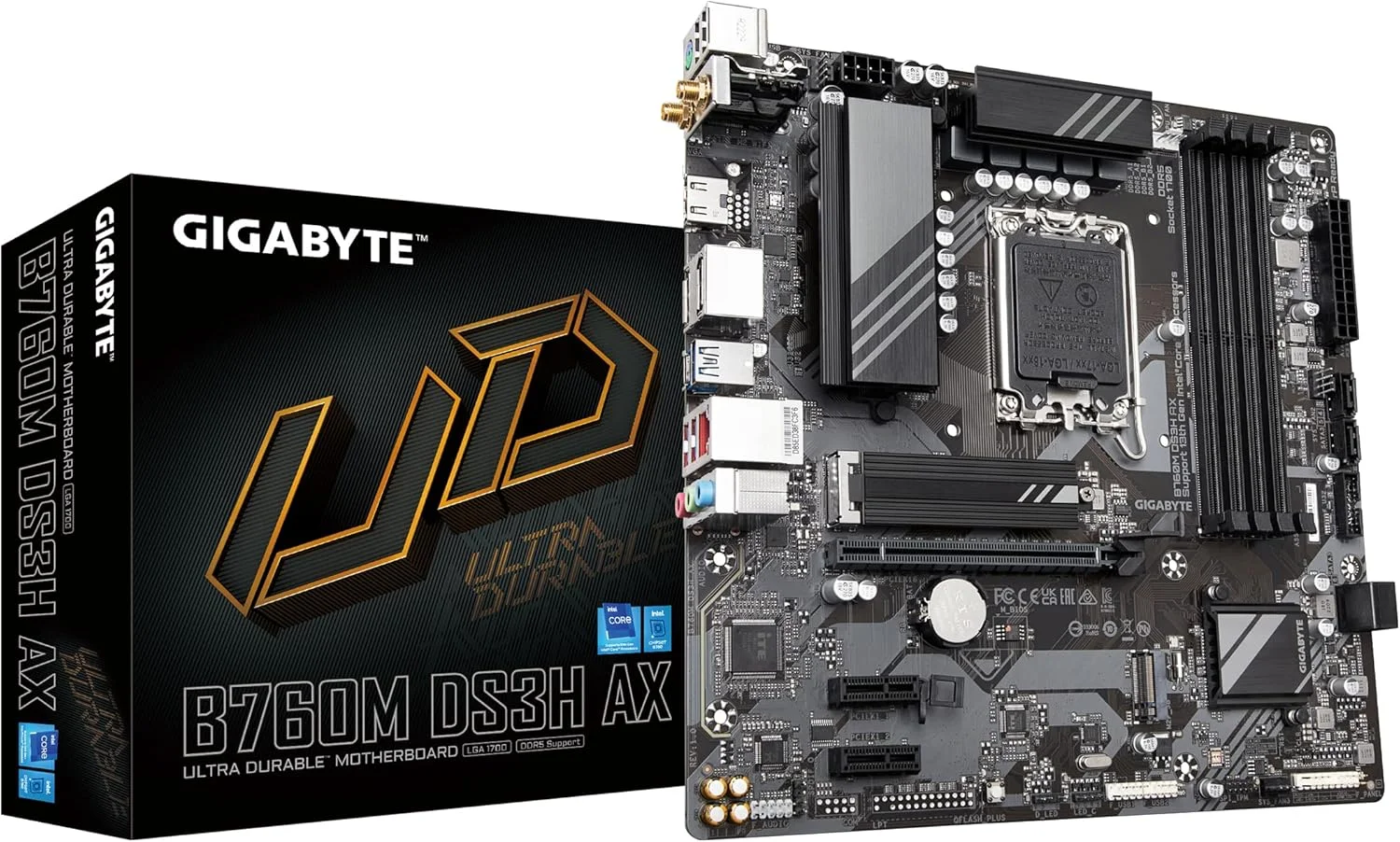 مادربرد گیگابایت B760M DS3H AX (LGA 1700/ Intel/ B760/ M-ATX/ DDR5/ 2* M.2/ PCIe 4.0/ USB 3.2 Gen 2 Type-C/WiFi 6E/ 2.5GbE LAN/Q-Flash Plus/PCIe EZ-Latch)