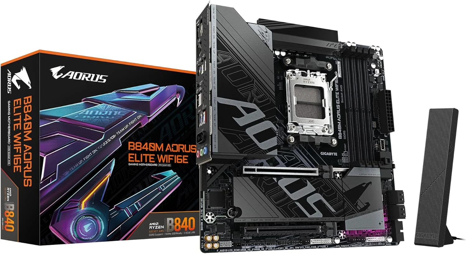 مادربرد GIGABYTE B840M AORUS ELITE WIFI6E - پردازنده های AMD Ryzen 9000، VRM با 10+2+2 فاز، DDR5 تا 8200 مگاهرتز (O.C)، 2xPCIe 4.0 M.2، Wi-Fi 6E، LAN 2.5GbE، USB 3.2 Gen 2