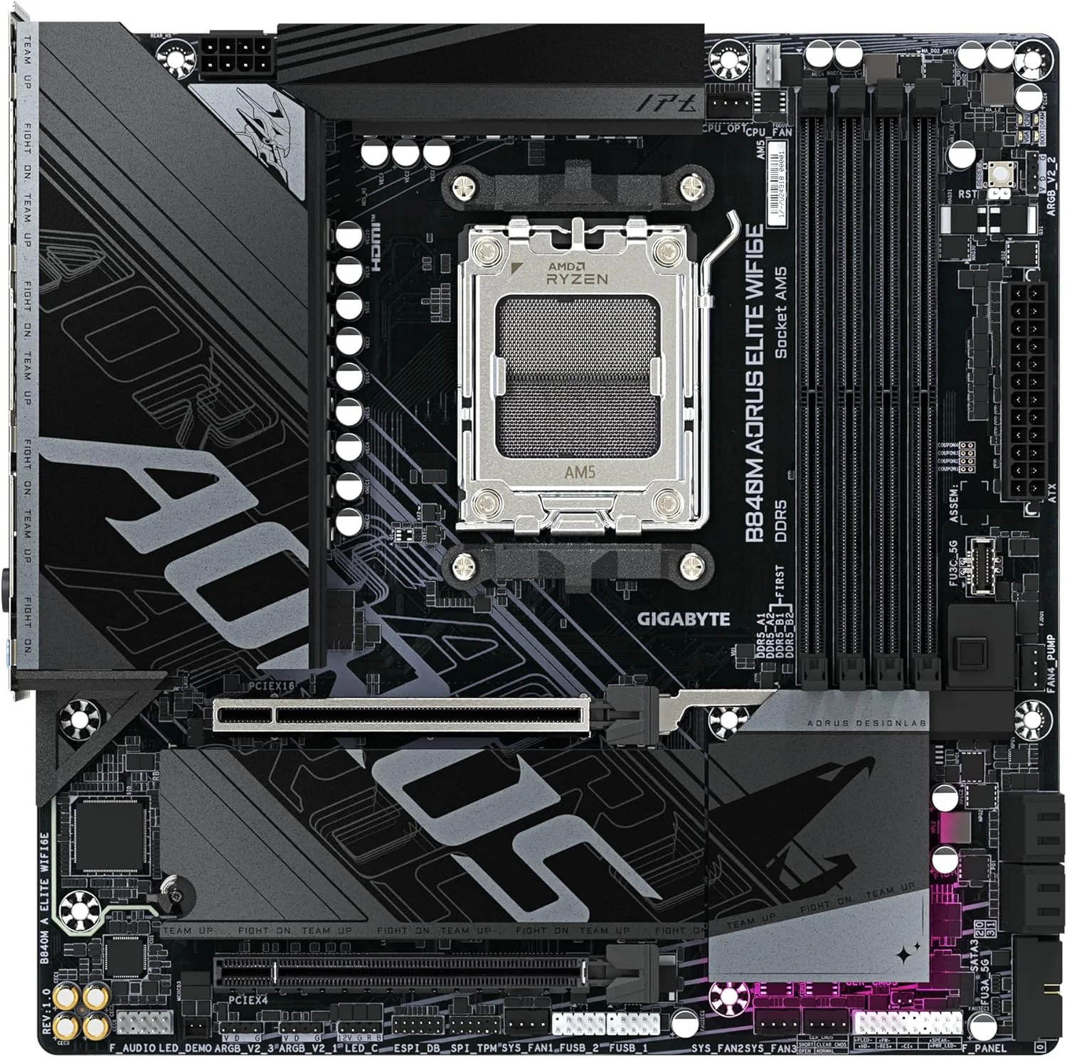 مادربرد GIGABYTE B840M AORUS ELITE WIFI6E - پردازنده های AMD Ryzen 9000، VRM با 10+2+2 فاز، DDR5 تا 8200 مگاهرتز (O.C)، 2xPCIe 4.0 M.2، Wi-Fi 6E، LAN 2.5GbE، USB 3.2 Gen 2 مادربرد GIGABYTE B840M AORUS ELITE WIFI6E - پردازنده های AMD Ryzen 9000، VRM با 10+2+2 فاز، DDR5 تا 8200 مگاهرتز (O.C)، 2xPCIe 4.0 M.2، Wi-Fi 6E، LAN 2.5GbE، USB 3.2 Gen 2